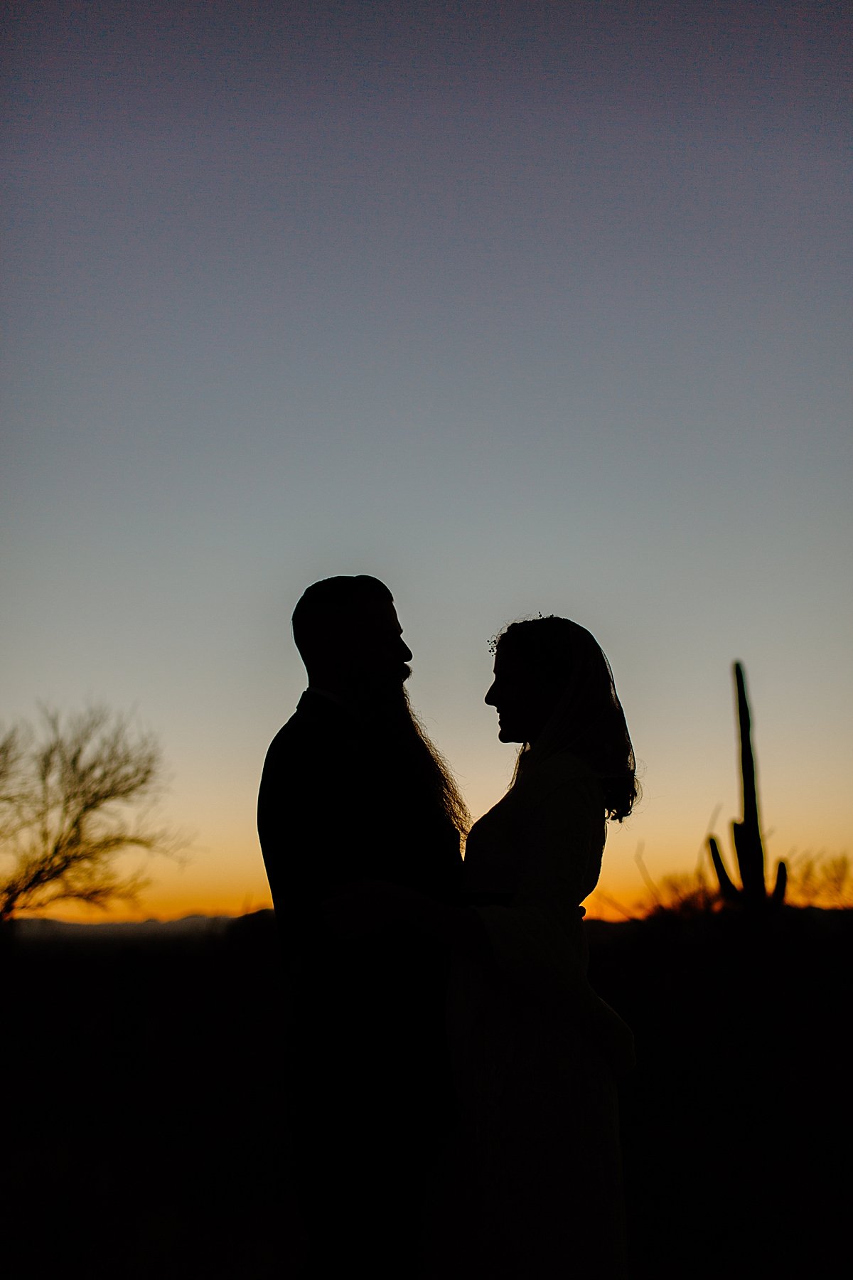 sunset silhouette of bride and groom on Tucson vow renewal day  