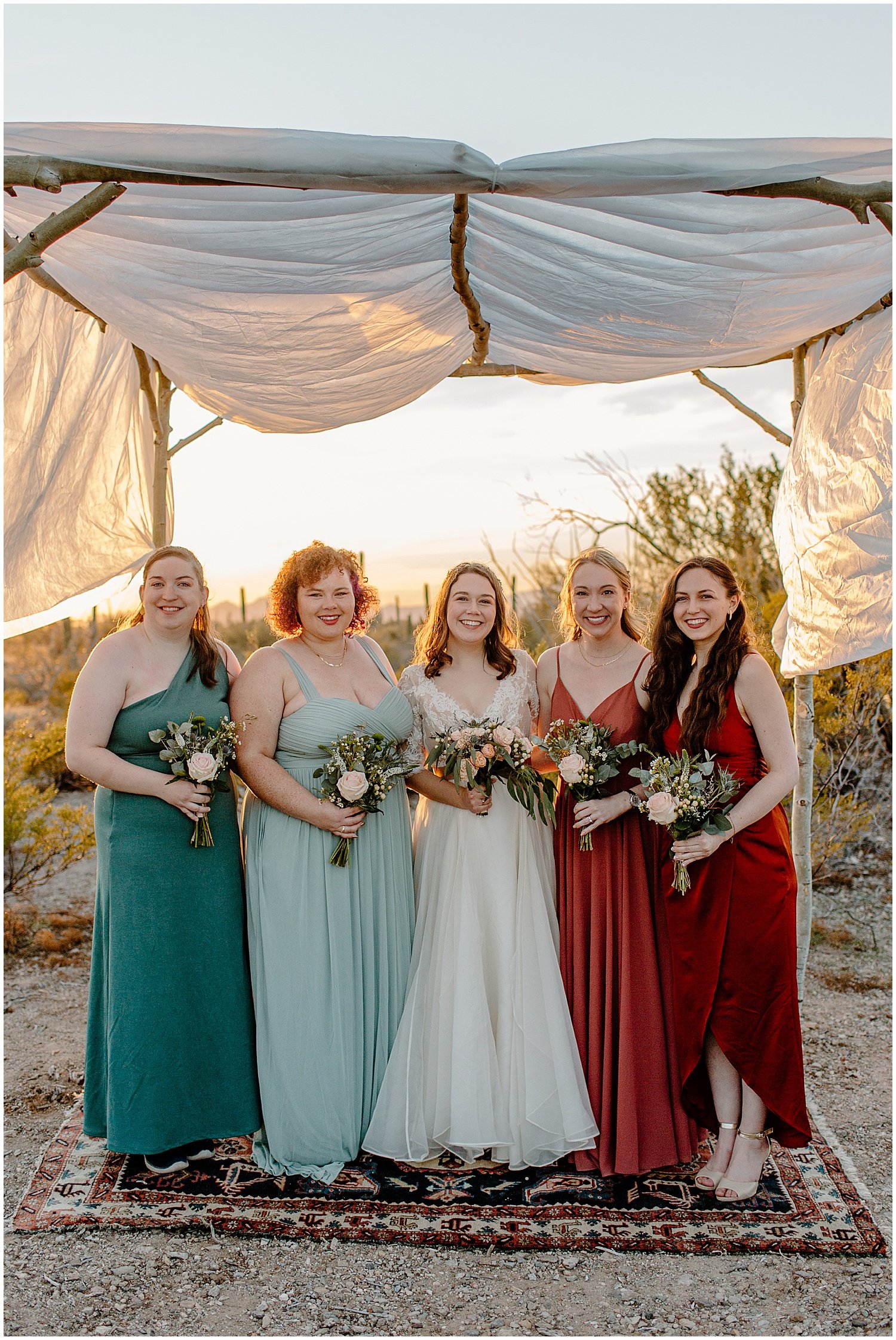  bride and bridesmaids and multicolor dress at sunset Tucson Intimate Wedding 