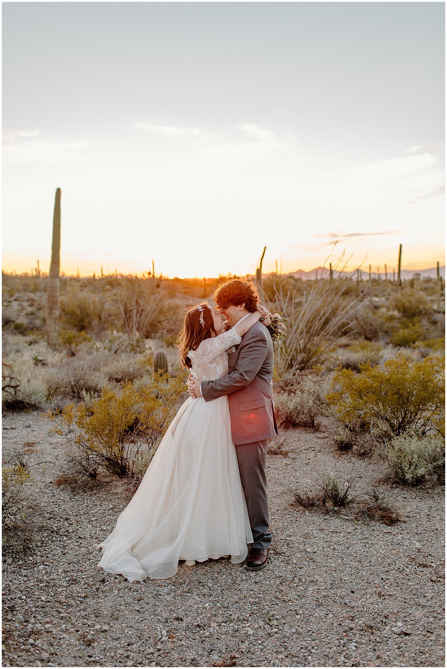  bride and groom at sunset in the desert on Tucson Intimate Wedding night  