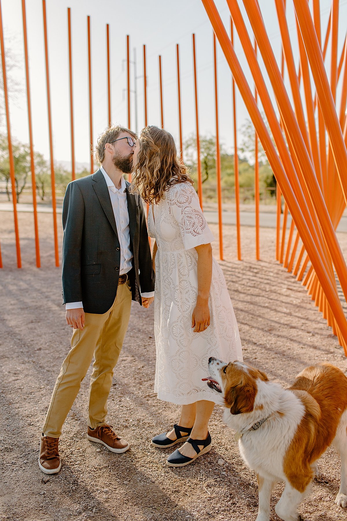  engaged man and woman holding hands and kissing while walking dog by Arizona couples photographer 