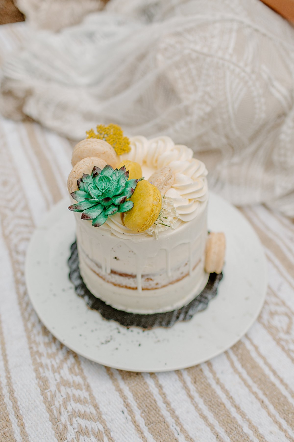  Single layer wedding cake with floral design on picnic blanket at Greer elopement 