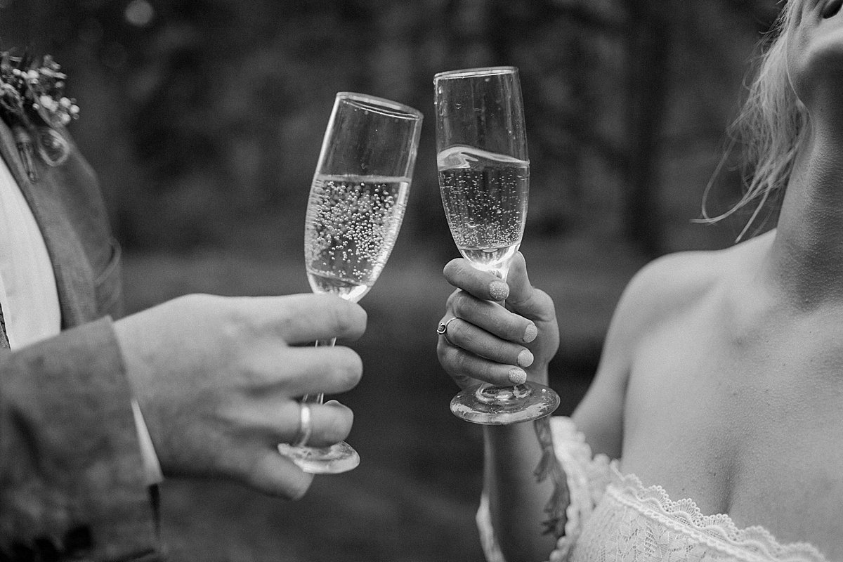  Clinking Champagne glasses in the mountains after elopement  by Lucy Bouman 