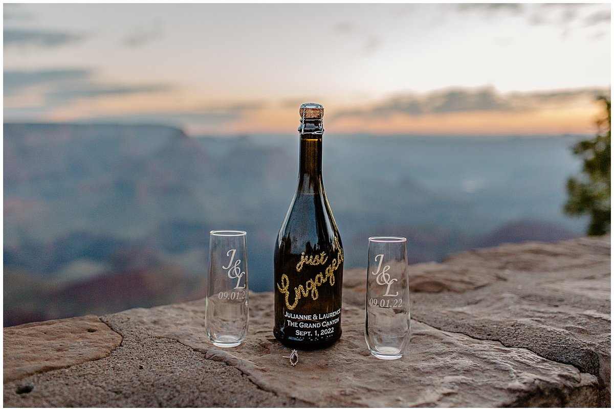  Champagne bottle and flutes at Grand Canyon Engagement Session 