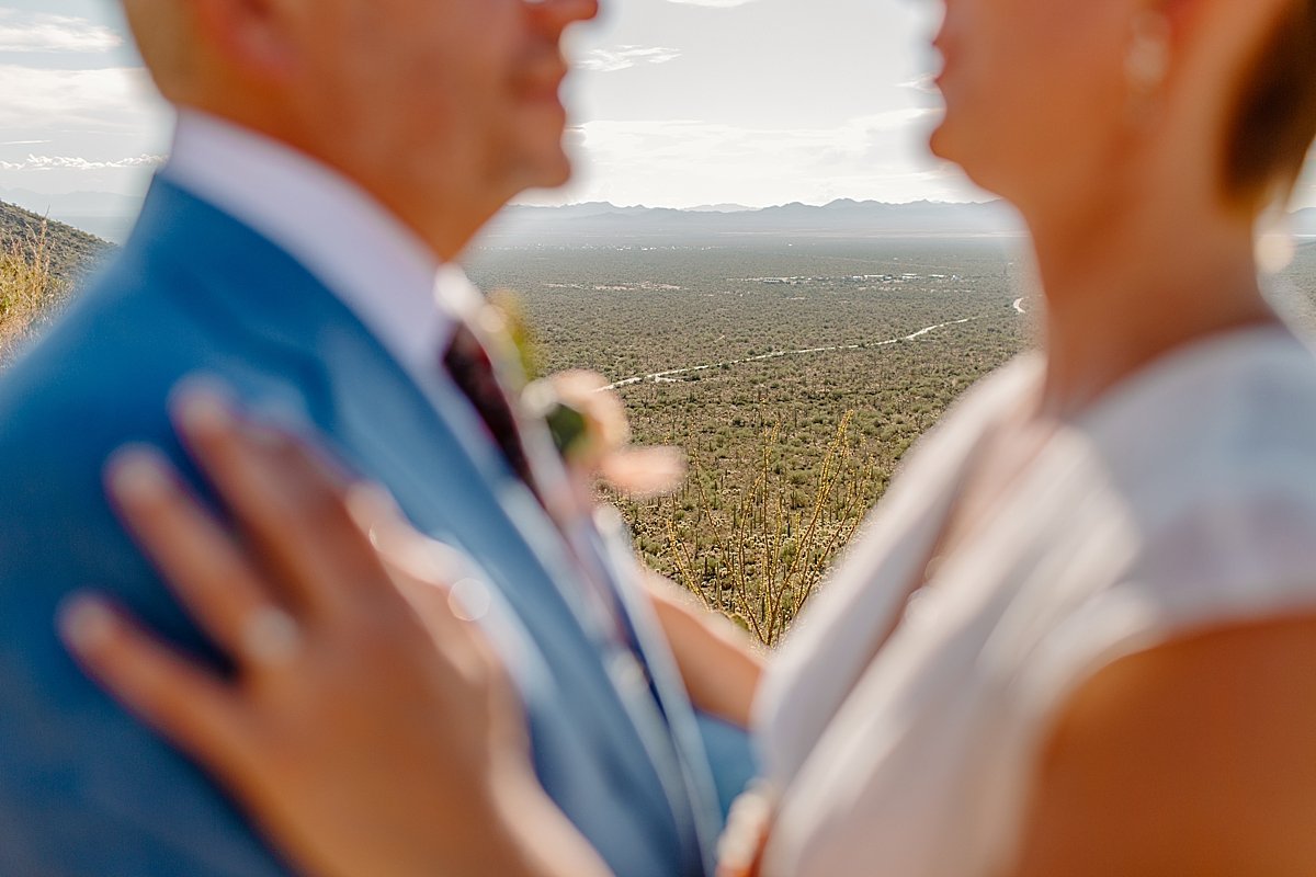  Newlyweds embrace in Saguaro National Park 