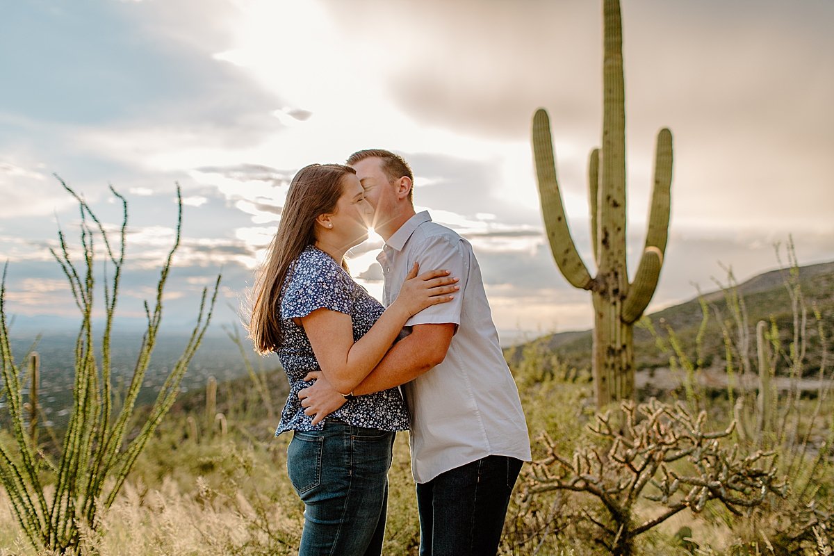  couple kisses by cactus at Mount Lemmon session 