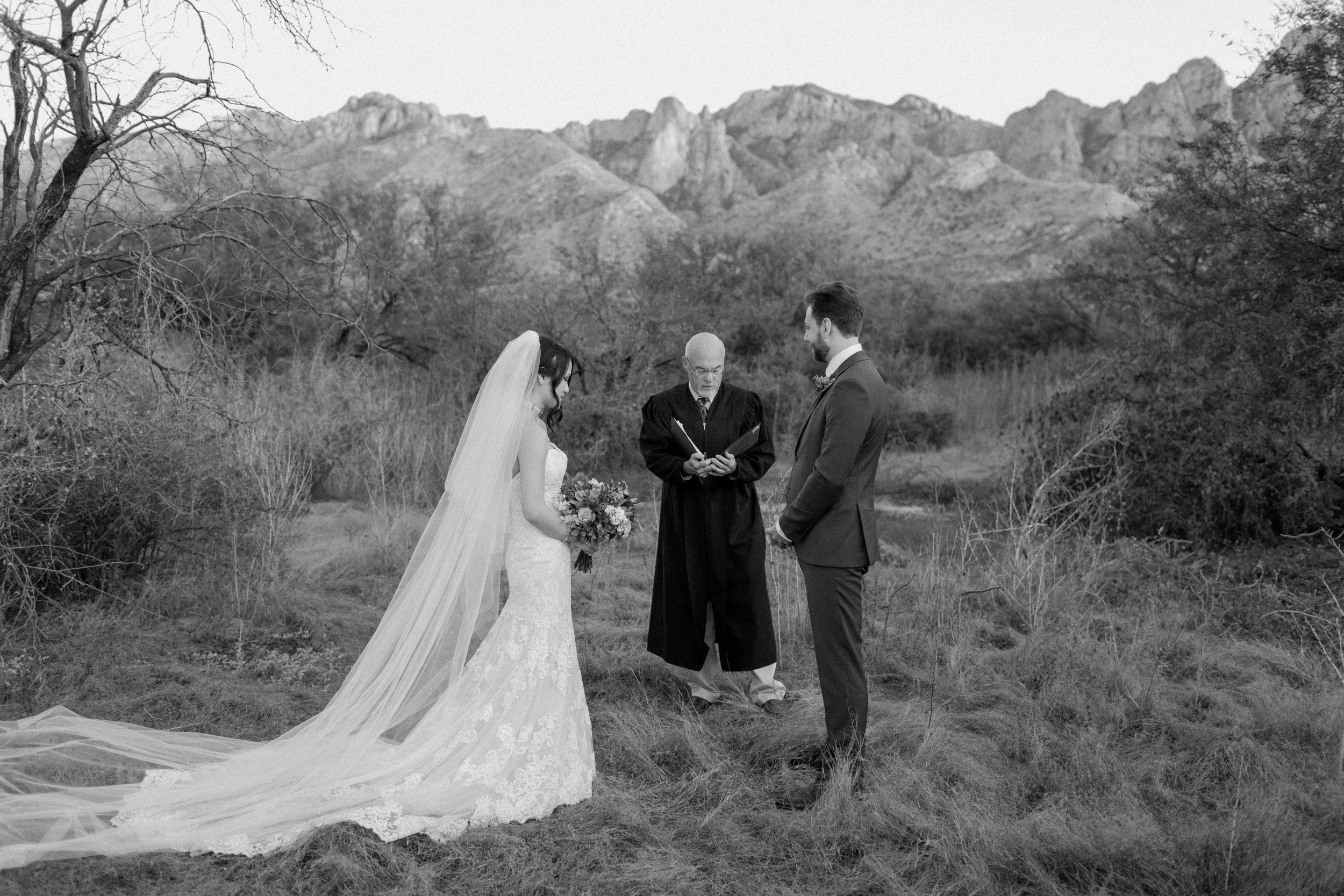  married couple standing in the desert during ceremony by Arizona elopement photographer  