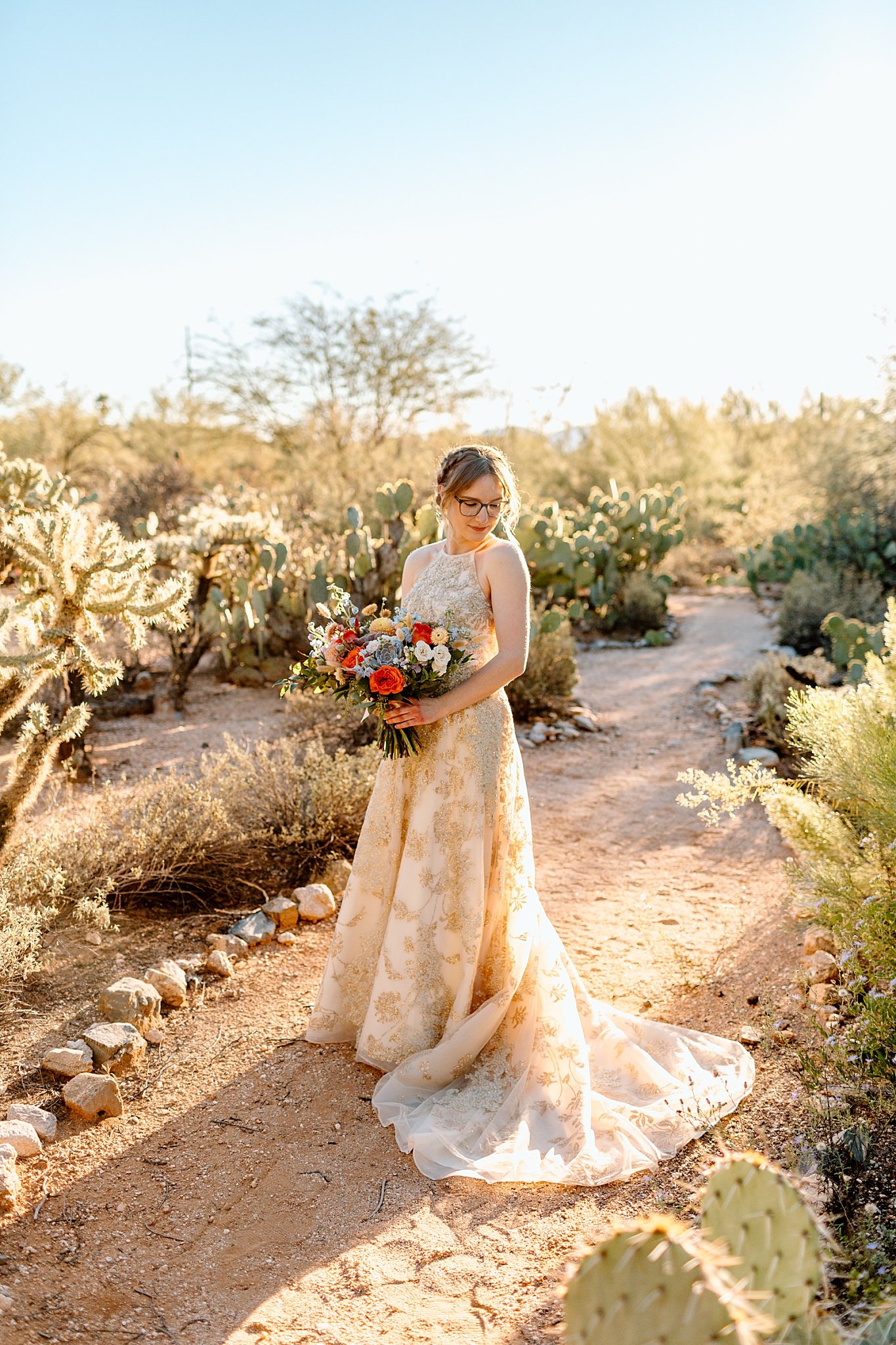  bride stands on path in desert for Tucson botanical gardens ceremony 
