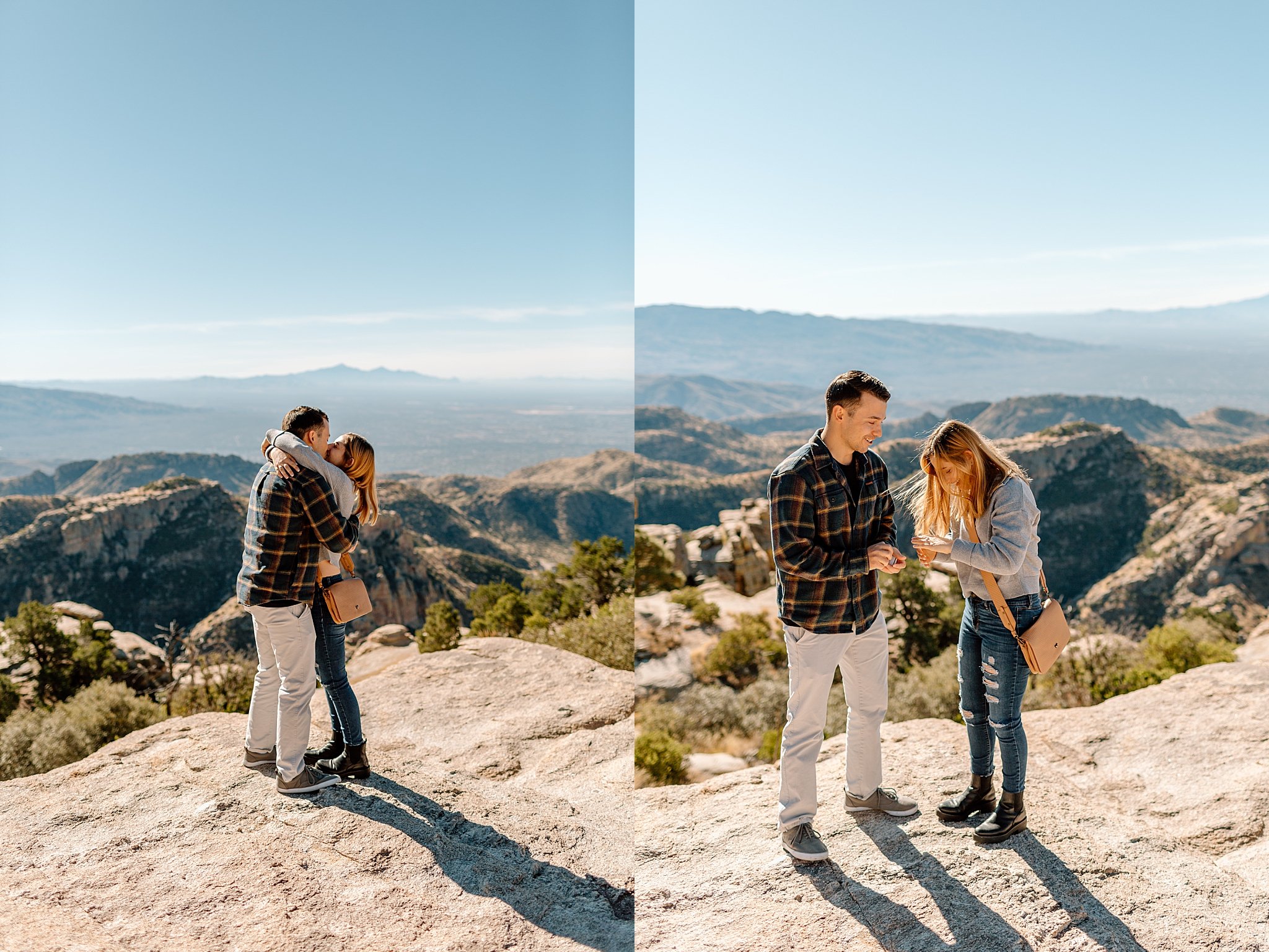  woman looks at new ring and hugs man at Mount Lemmon proposal 