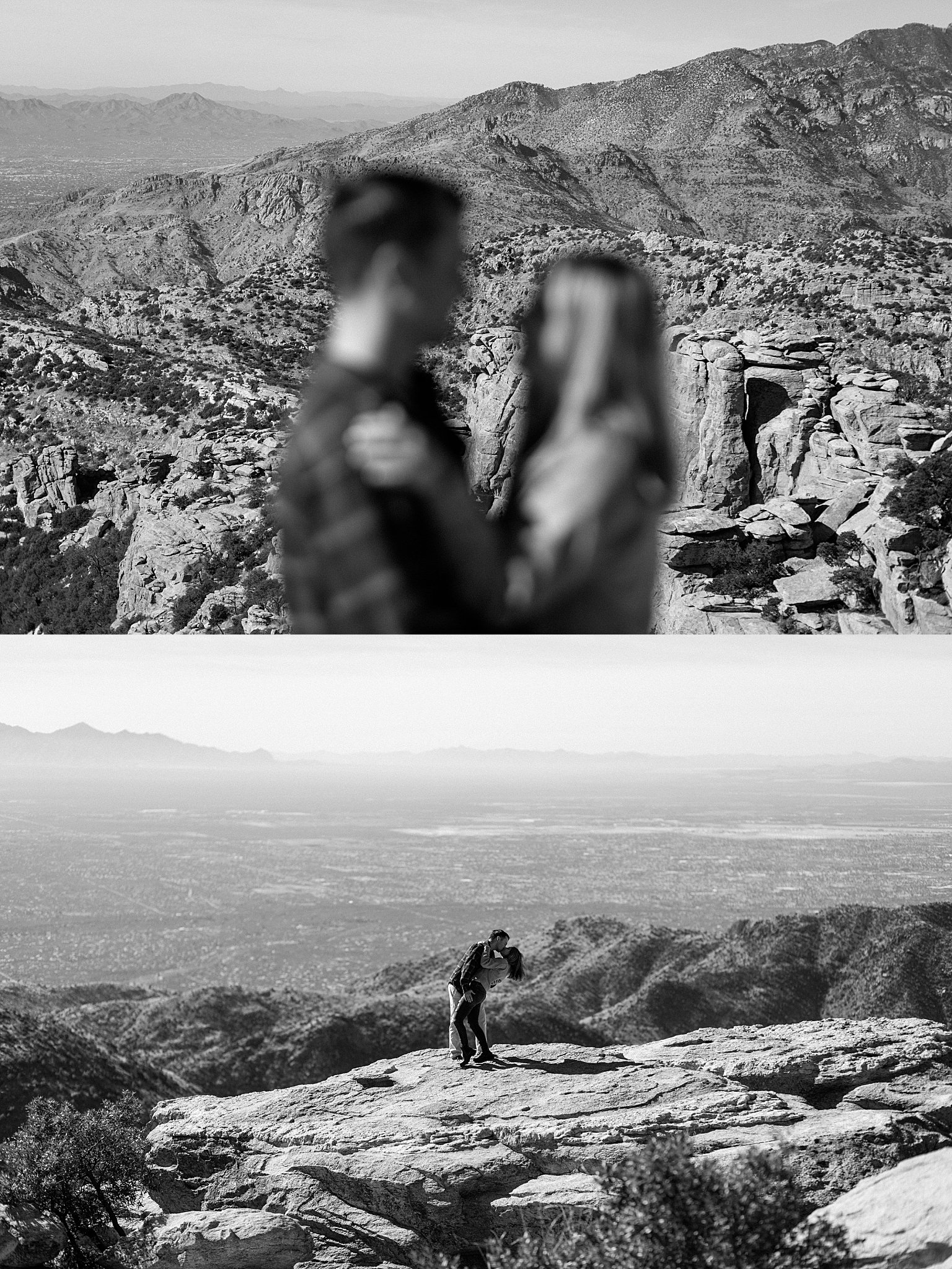  couple holds each other close on rock outcropping in desert by Arizona engagement photographer 