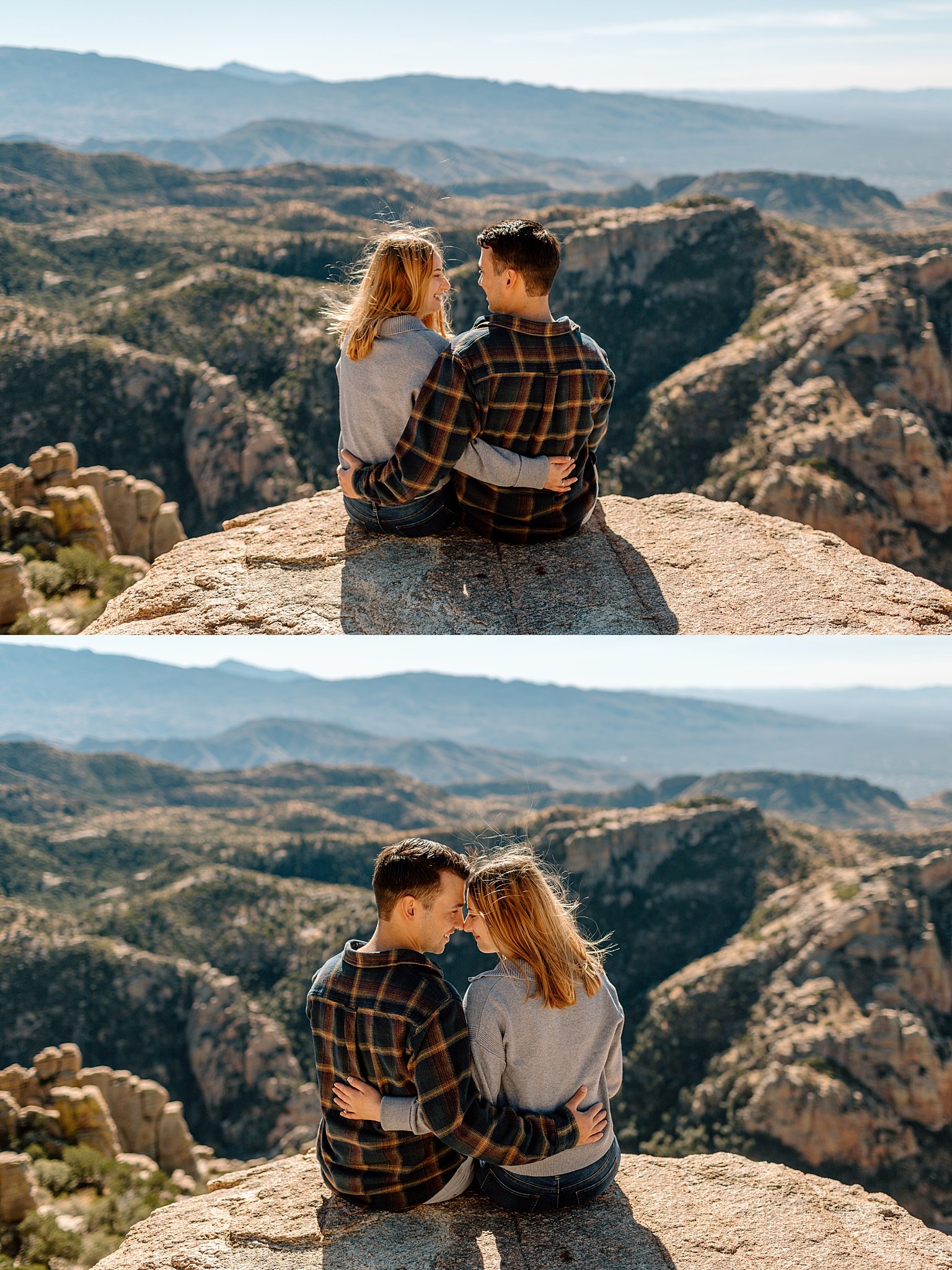  boyfriend and girlfriend sit together on rock overlooking desert at Mount Lemmon proposal 