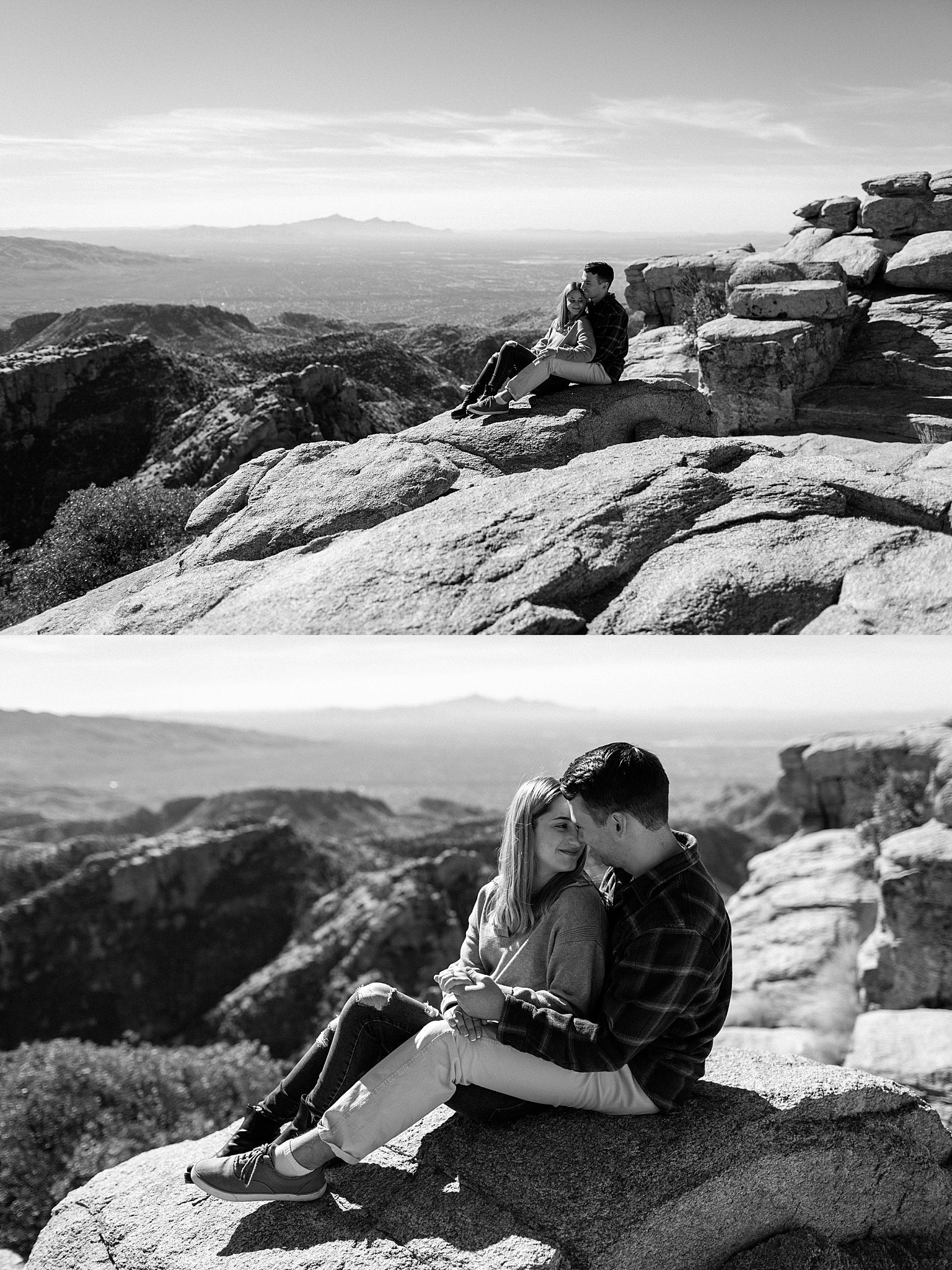  couple sits together on rocks by Arizona engagement photographer 