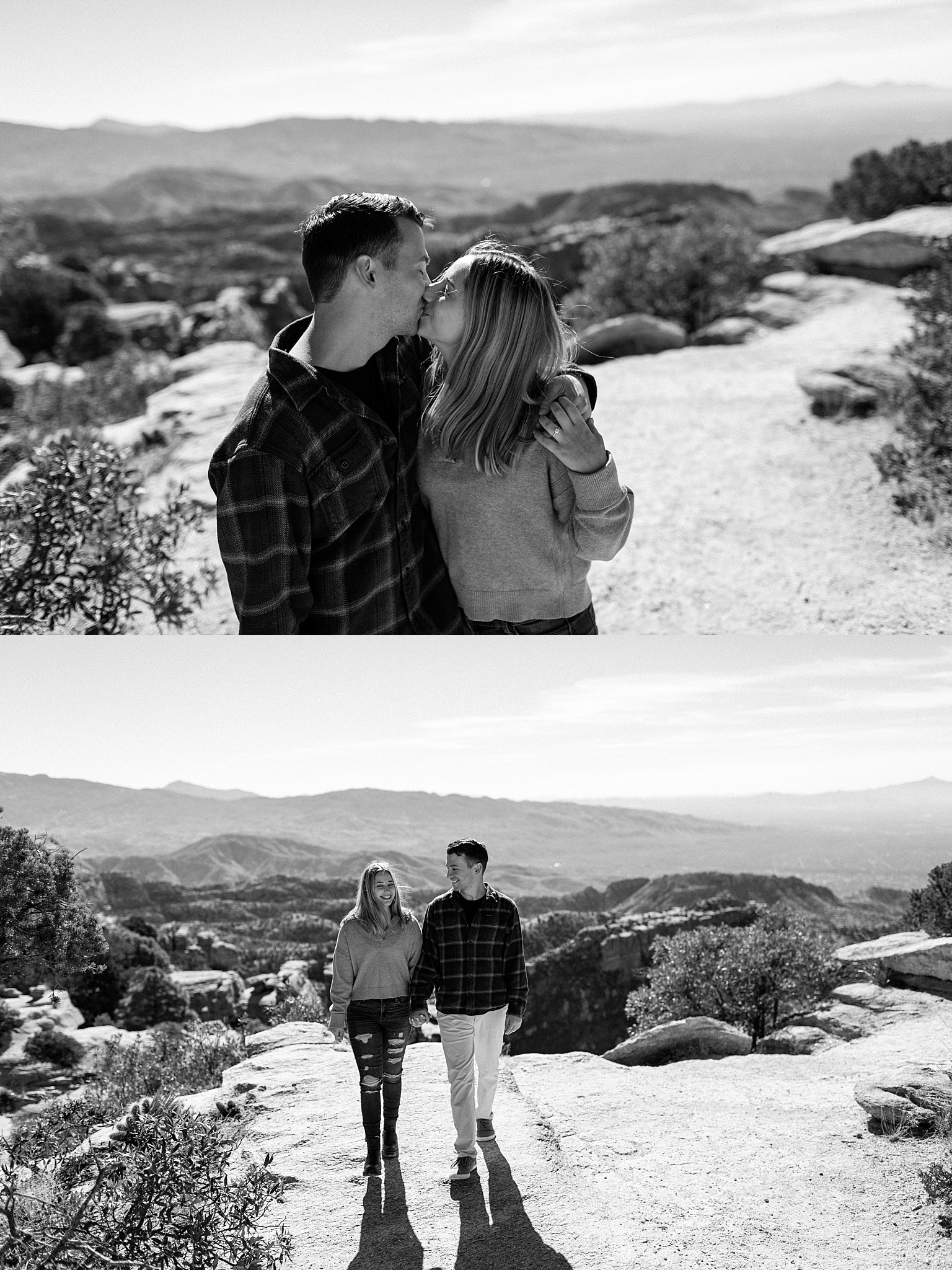  couple kisses and walks hand in had by Arizona engagement photographer 