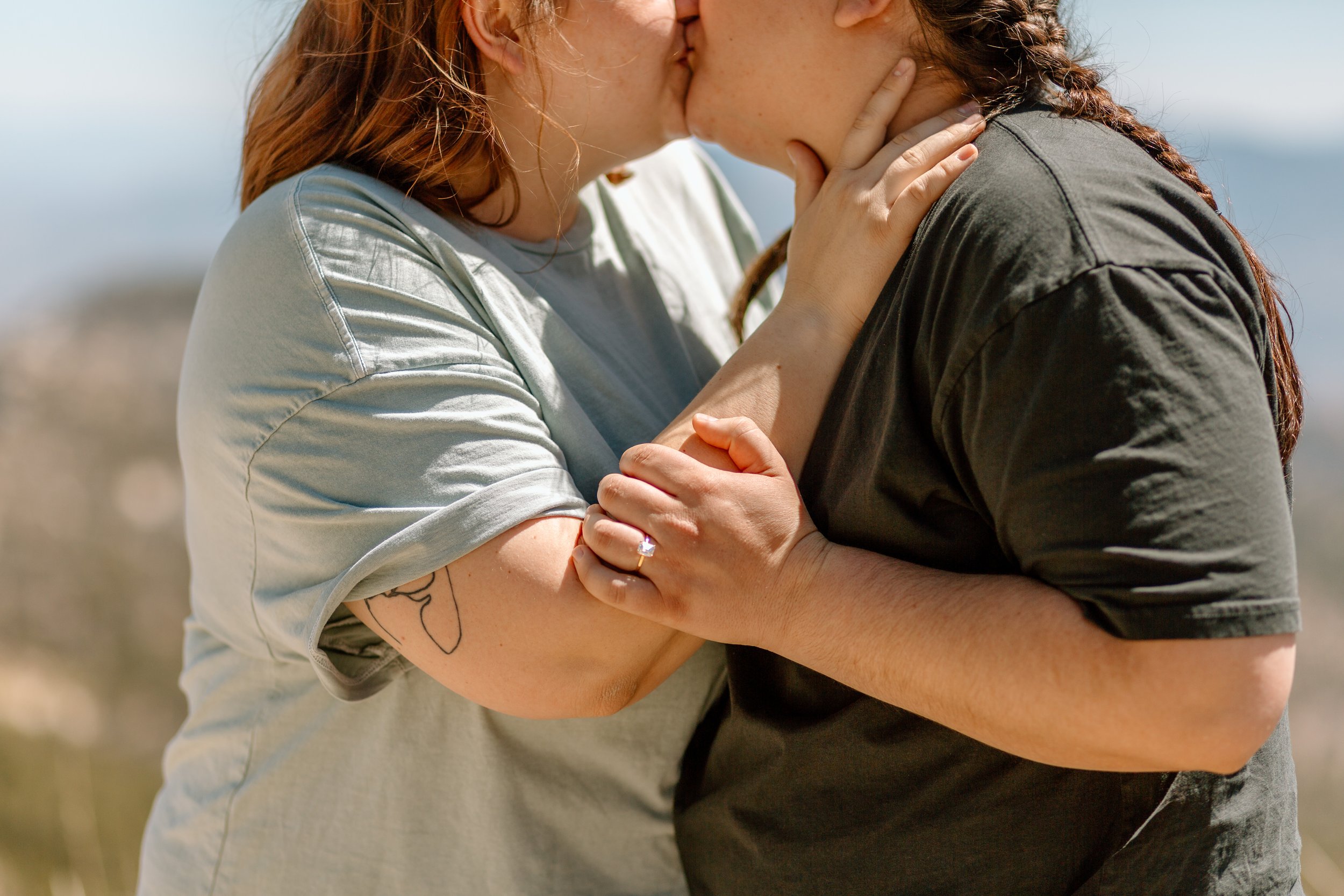  close up photo of two women kissing after one has proposed 