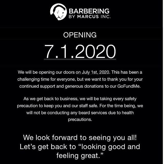 Happy to announce we&rsquo;ll be back soon! For appointments please book online at barberingbymarcus.com