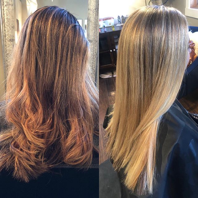 This before and after has us cheering for AVEDA color! 🎉🎉 Transitioning this brunette into a blonde.  #bloomaveda #avedasalon #avedablonde #avedacolor #bloomhairstudio #haileyidaho #idahosalon