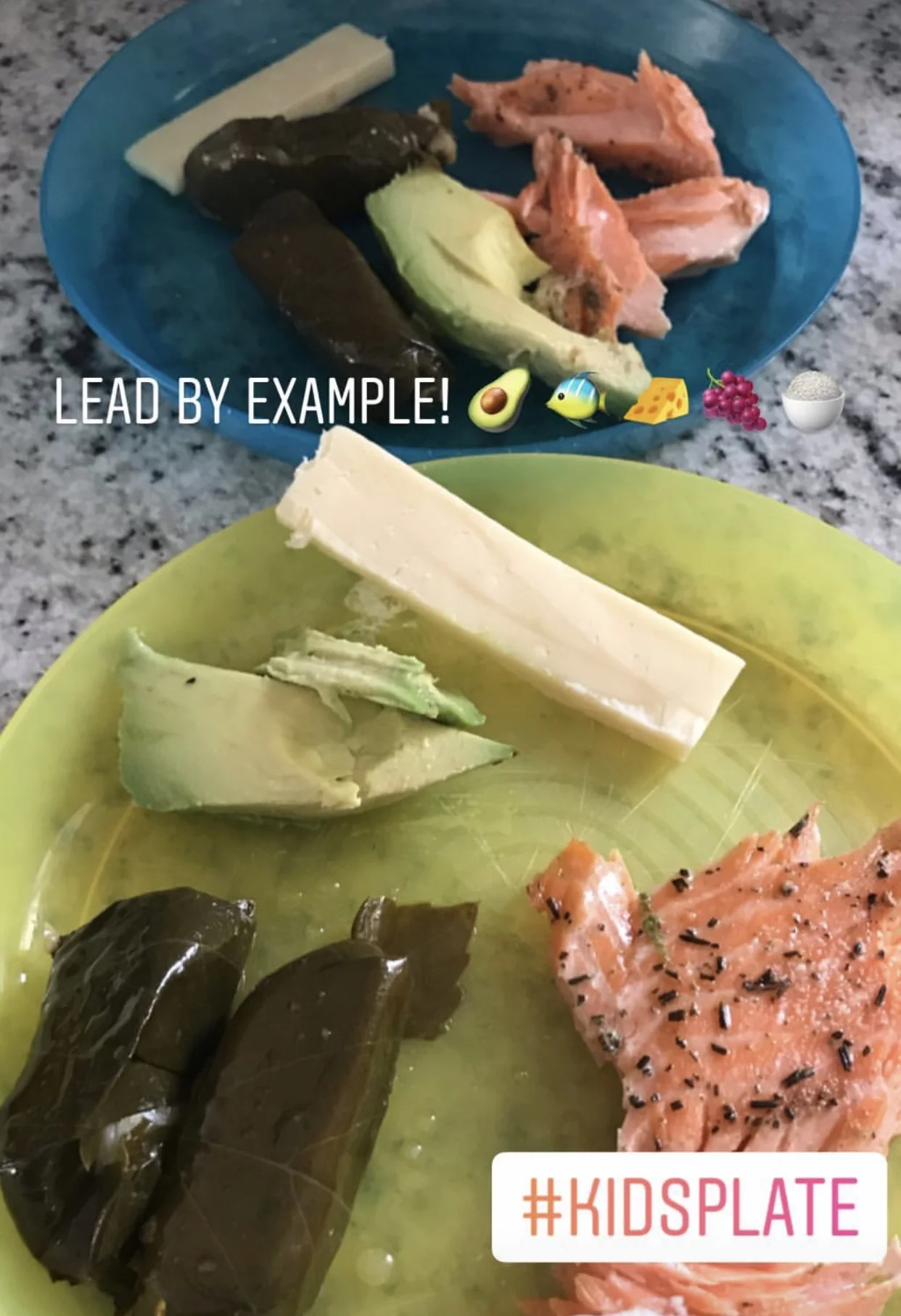A typical kids’ lunch plate in our house: avocado, slice of cheese, leftovers from dinner: salmon and stuffed grape leaves!