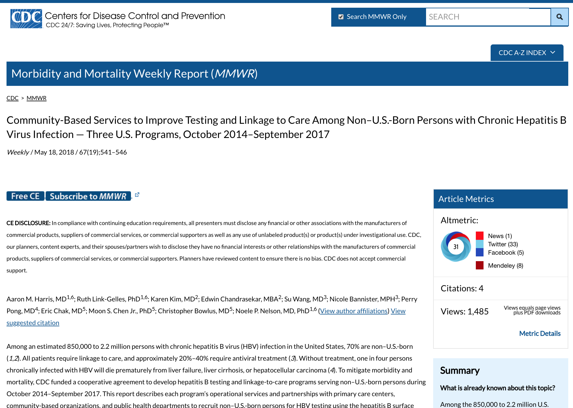 Community-Based Services to Improve Testing and Linkage to Care Among Non–U.S.-Born Persons with Chronic Hepatitis B Virus Infection — Three U.S. Programs, October 2014–September 2017