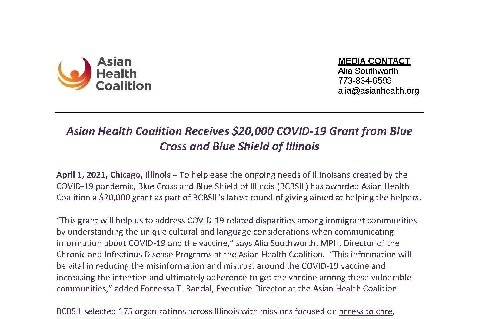 Asian Health Coalition Receives $20,000 COVID-19 Grant from Blue Cross and Blue Shield of Illinois 
