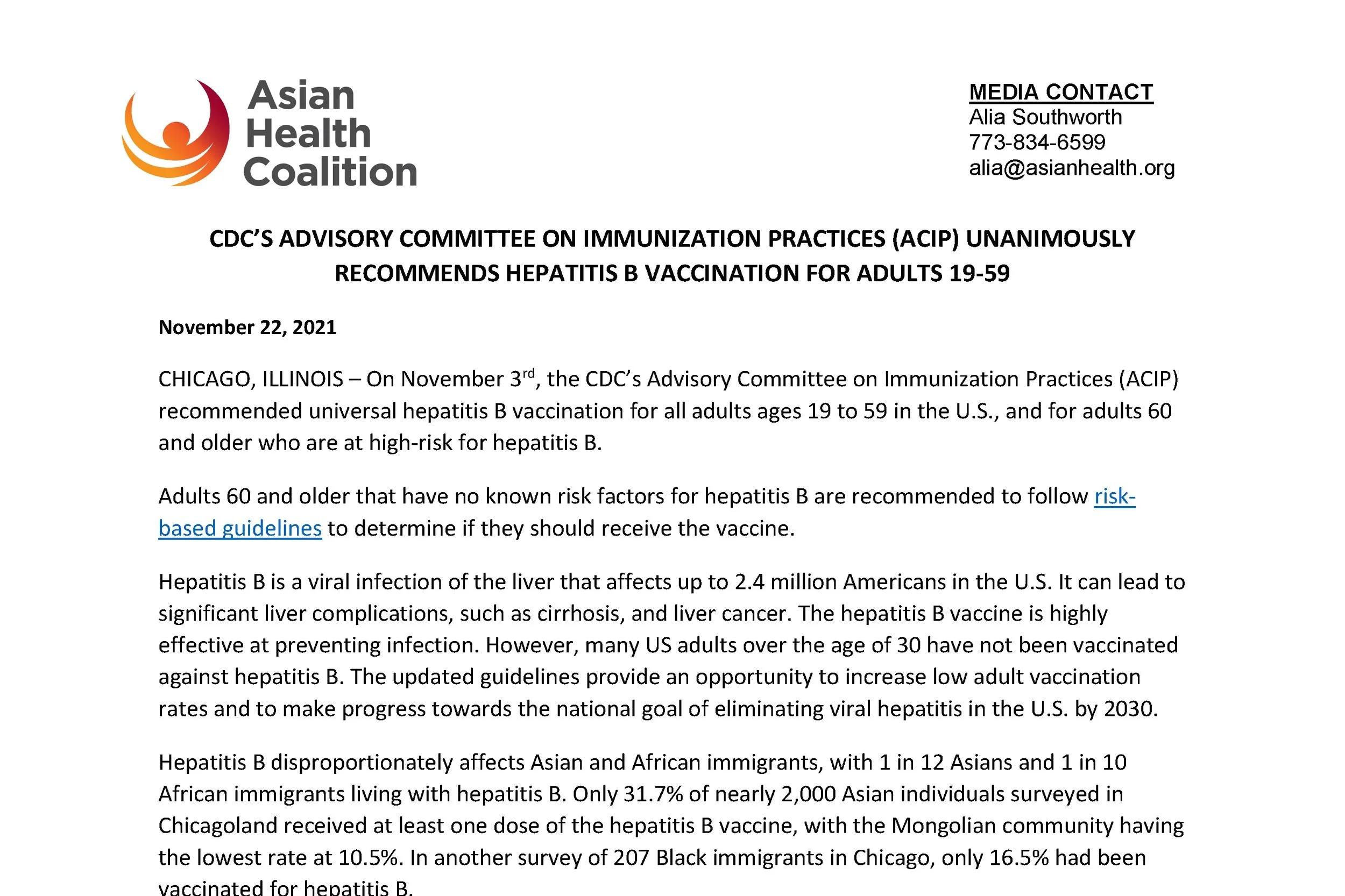 CDC’S Advisory Committee on Immunization Practices (ACIP) Unanimously Recommends Hepatitis B Vaccination For Adults 19-59