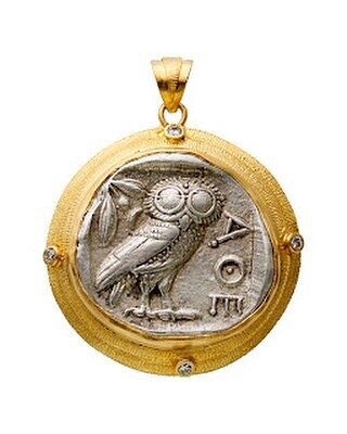 18k, diamonds, ancient coin Athens 449-409 BC  #ancientcoins#athena#owl#ancientcoinjewelry
