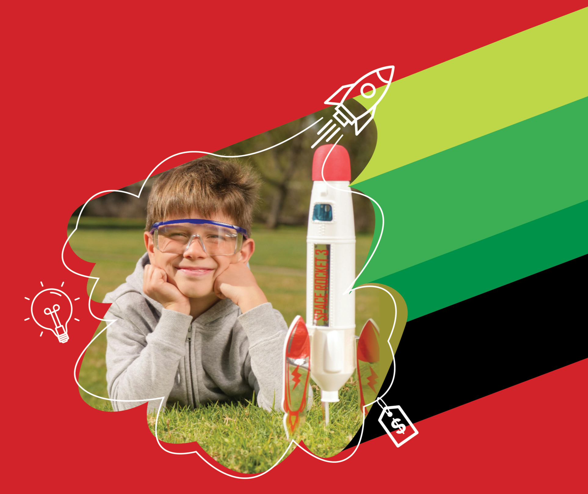 A young boy with glasses lying on grass, smiling with elation, with a toy rocket beside him, surrounded by illustrations of a light bulb, rocket, and a price tag.