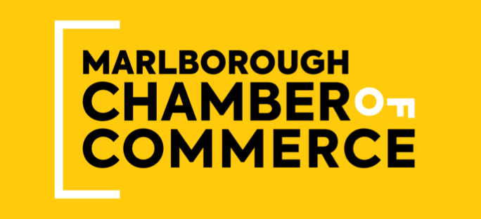 Yellow background with black bold text reading "Marlborough Chamber of Commerce" and a white partial border on the left and top sides.