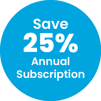 Blue circular badge with white text offering a 25% discount on annual subscription.