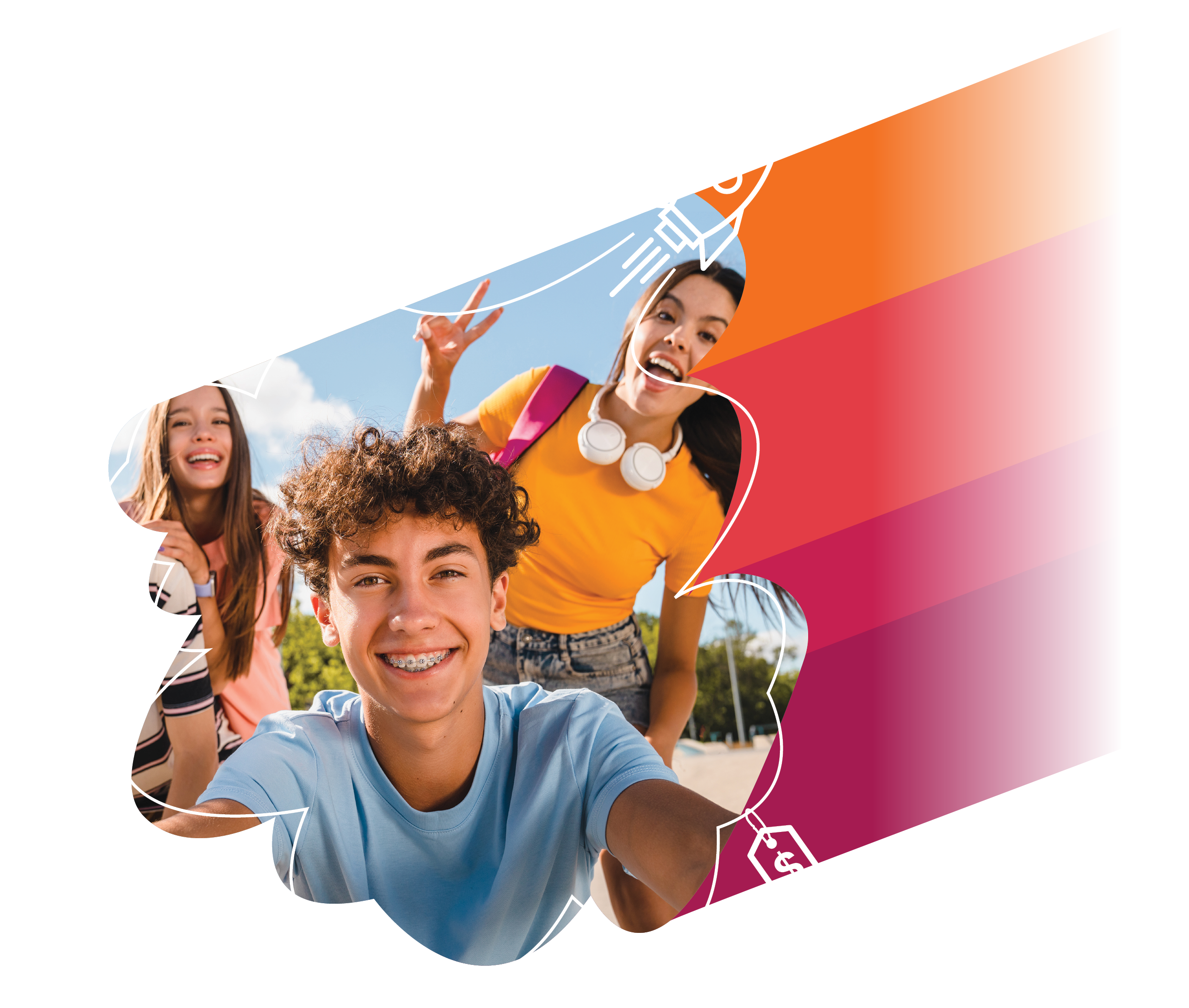 Three teenagers taking a selfie outdoors on a sunny day, with one girl making a peace sign and another girl smiling in the background.