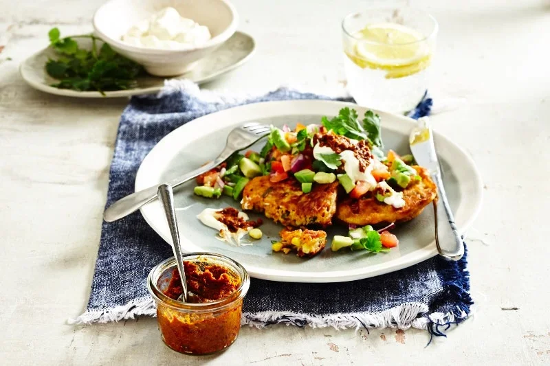 Corn Fritters with Reuben Solomon’s Harissa