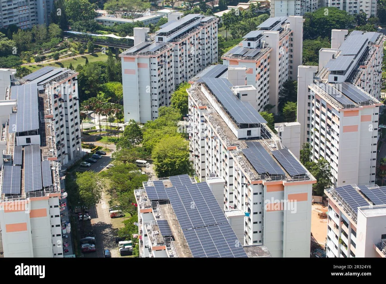 Solar panels on housing estate roof, Singapore