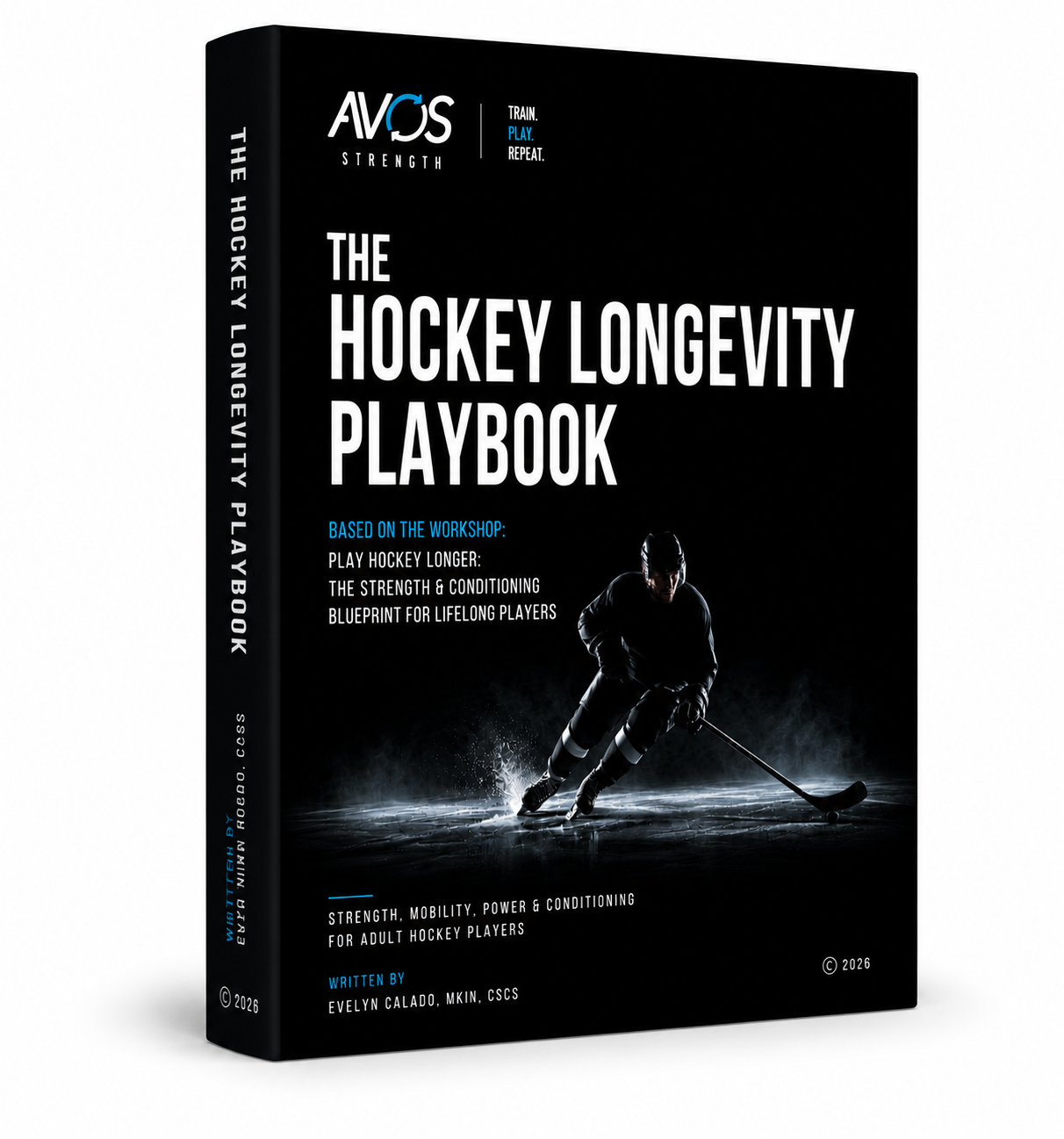 Cover of The Hockey Longevity Playbook by Avos Strength, a strength and conditioning guide for adult hockey players