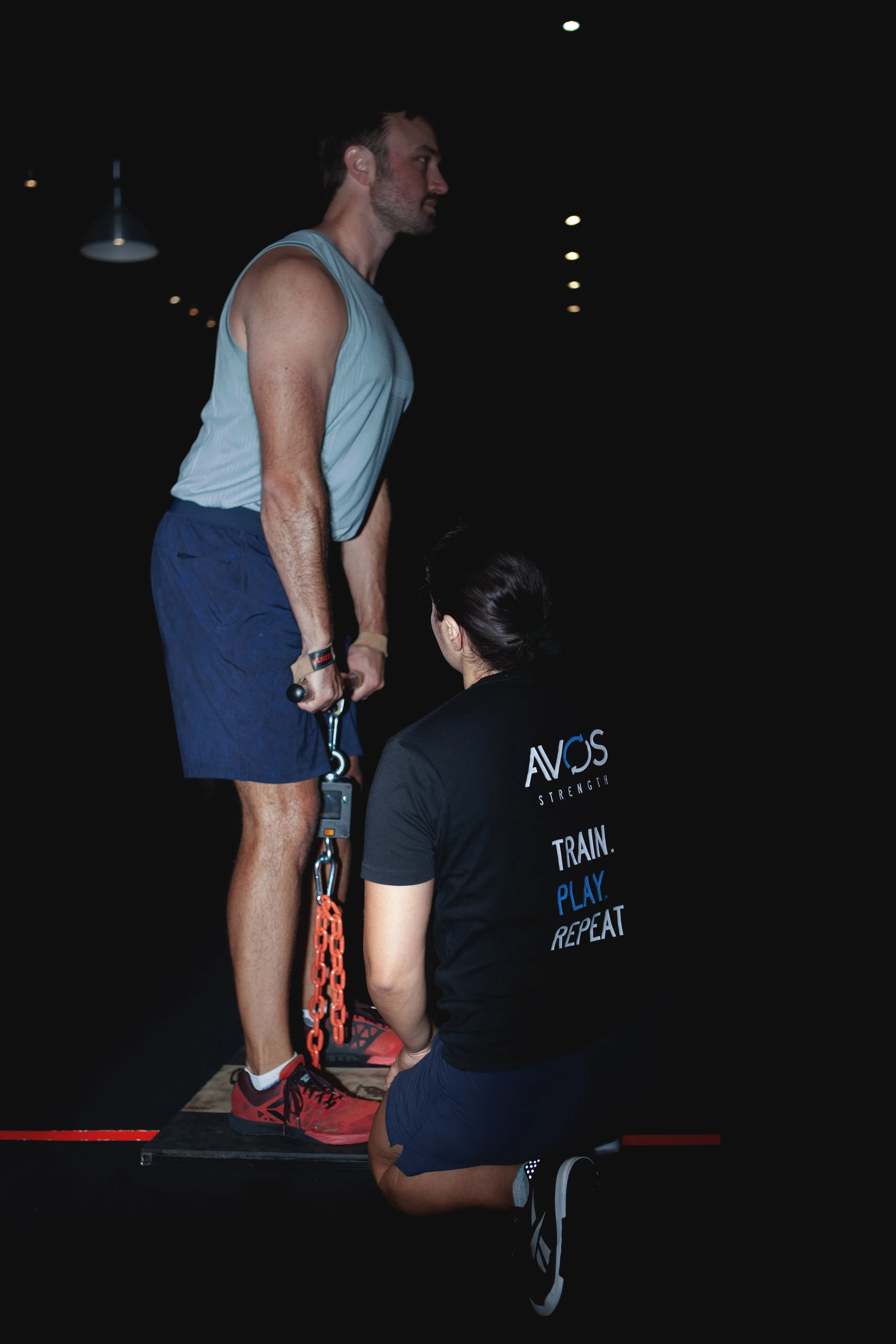 Client performing an isometric mid-thigh pull during performance testing at Avos Strength in Vancouver