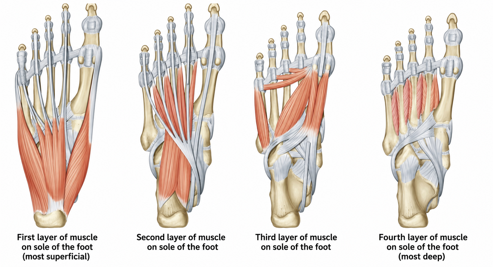 Four-panel diagram showing the four layers of intrinsic muscles on the sole of the foot, from most superficial to deepest
