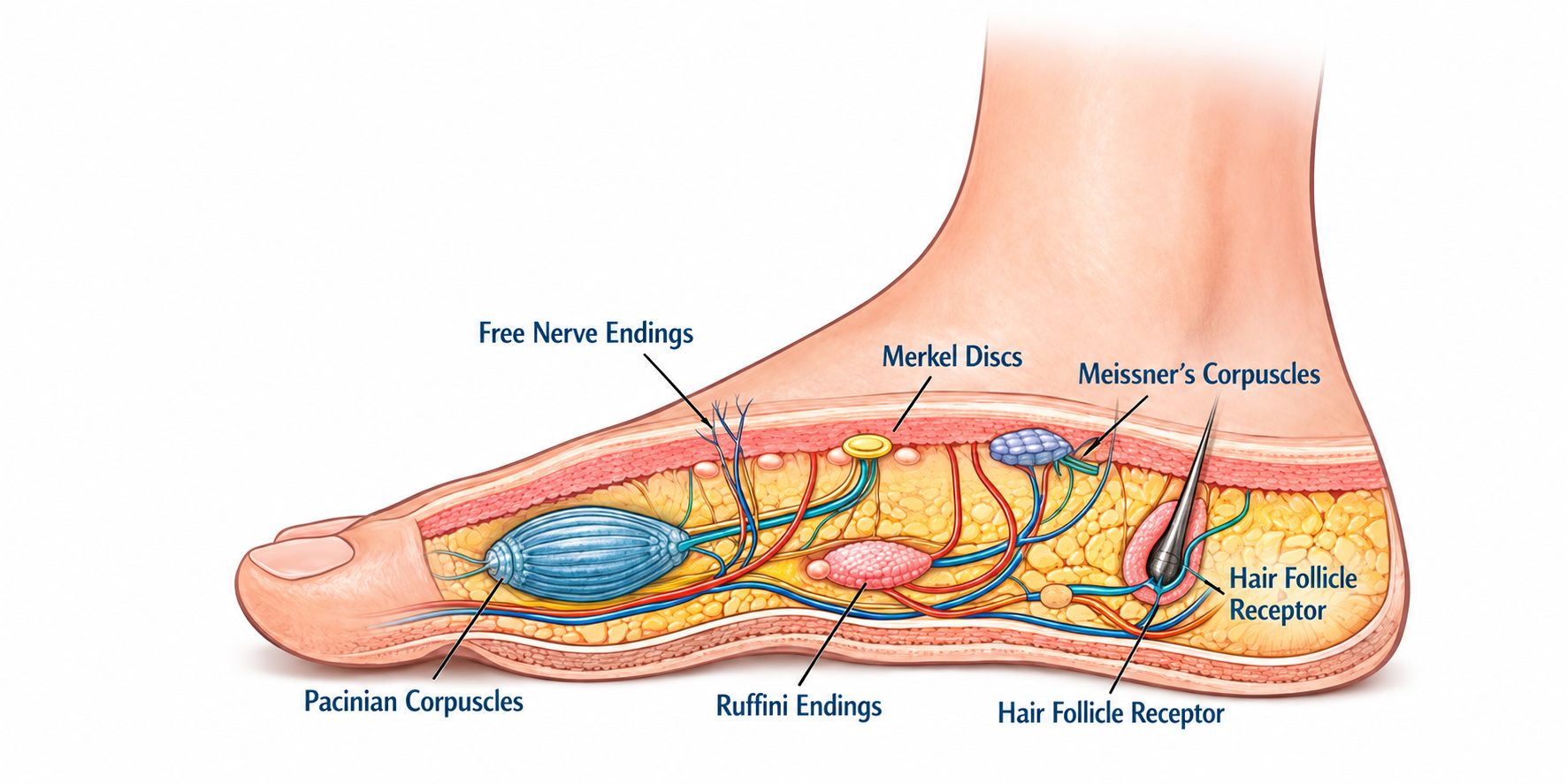 Cross-section diagram of the foot showing nerve receptors including Meissner's corpuscles, Pacinian corpuscles, and Merkel discs