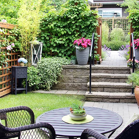 Backyard sitting area room with walls of plantings