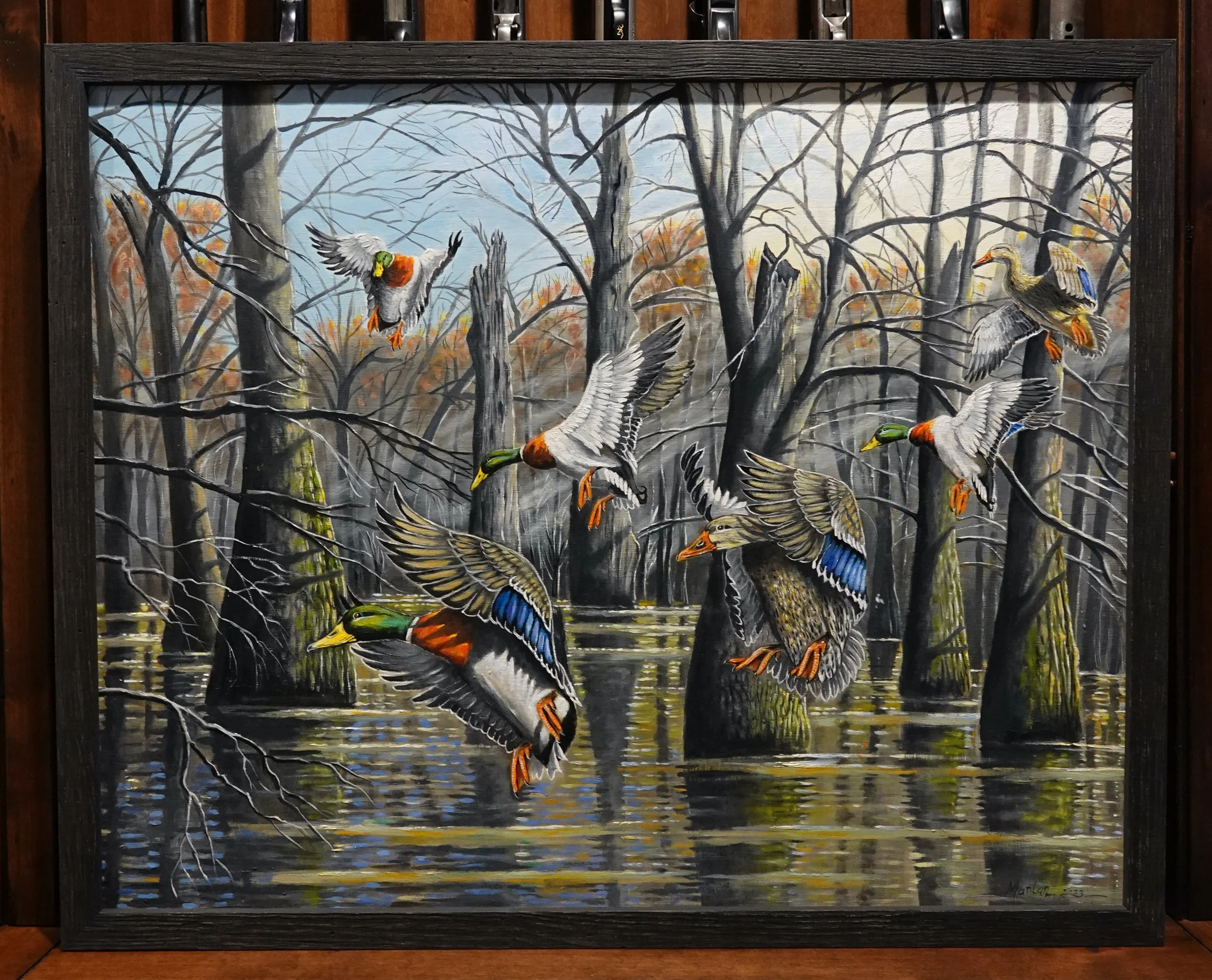 CYPRESS MALLARDS, 26x32" Framed.