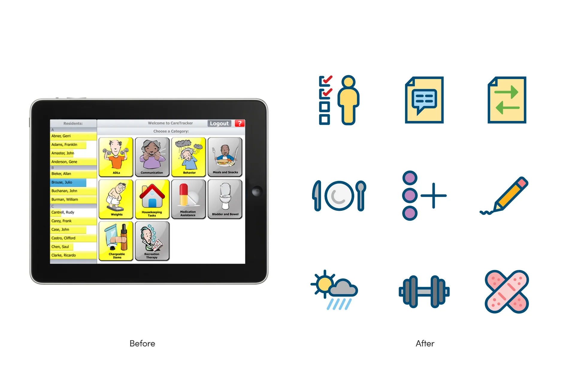 I created an icon design system to replace 50+ symbols used in an app for tracking the health of long term care patients. Each one is big, bold, and unique to make manual data entry quick and easy.
