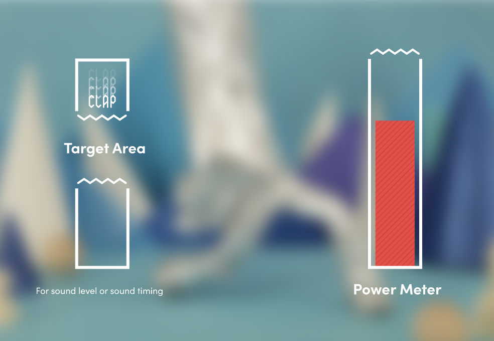The final UI was kept to a bare minimum, treating our gameplay like a movie and providing just enough feedback for the audience to understand how to adjust their noise making.