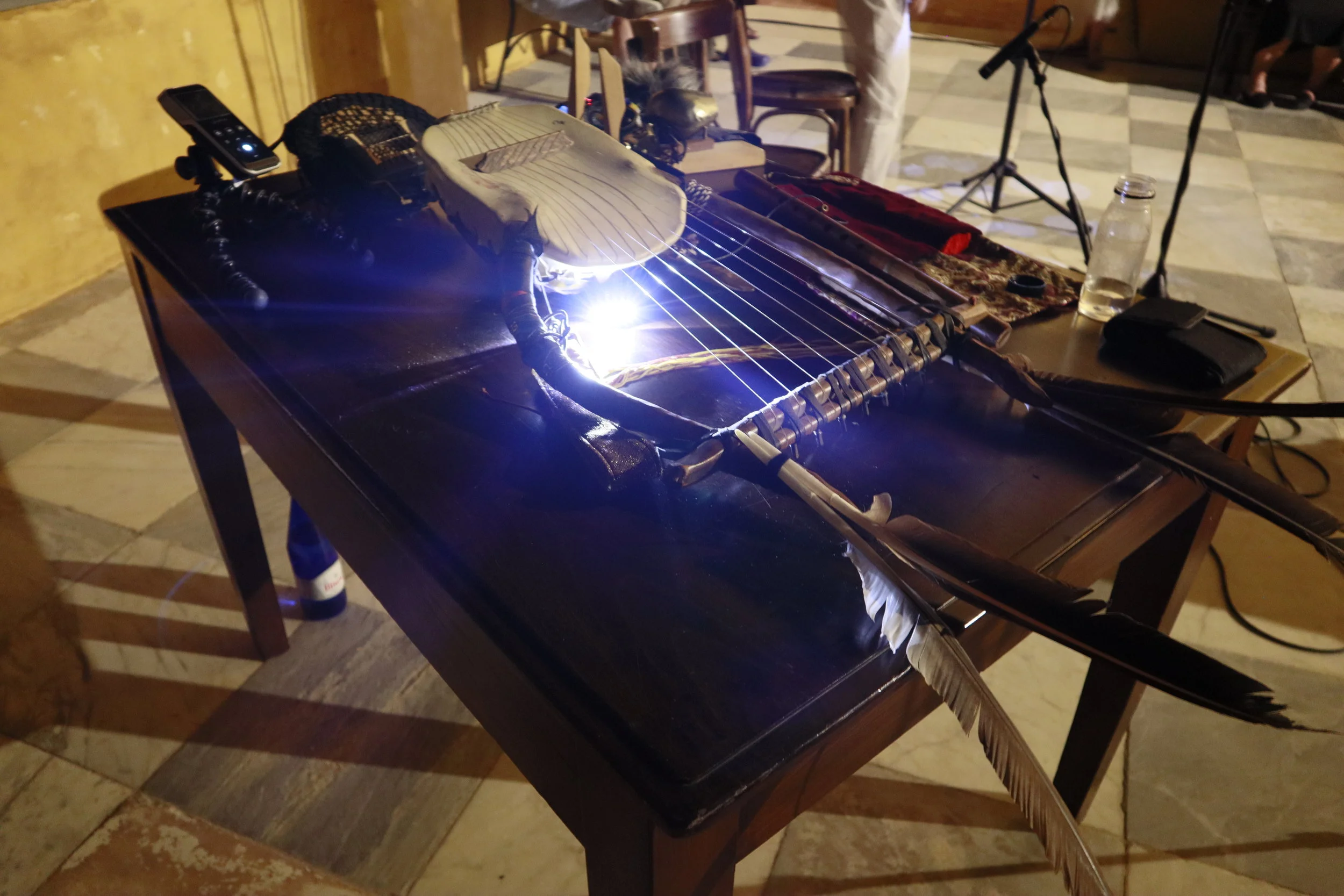    The tortoctopus  ,  an original instrument made from an ancient  greek lyre and African Mbira played with dalmatian feathers 2019 