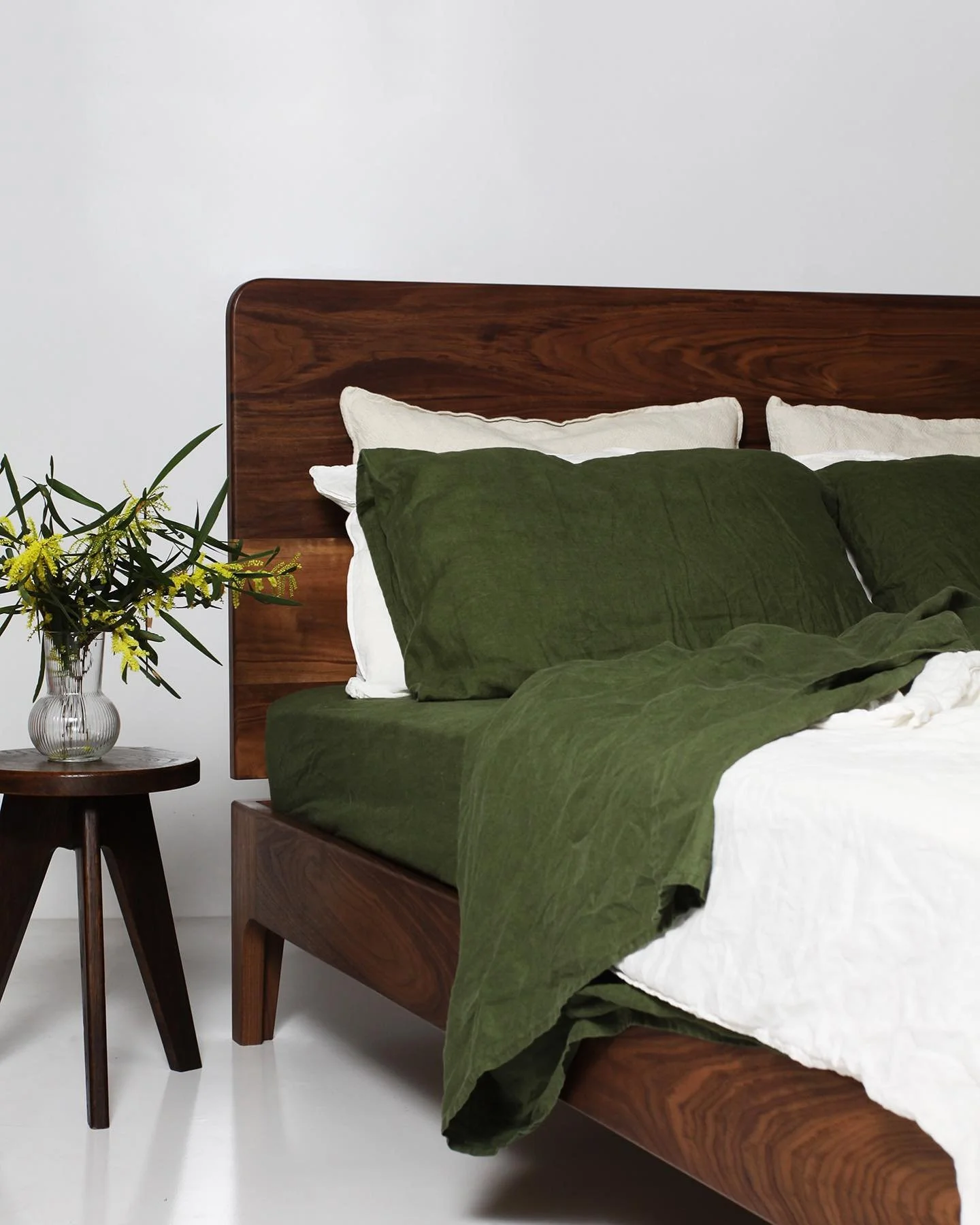 The most beautiful grain on this walnut timber! A custom Lennox Bed made with a taller bed head in American Walnut - available to customise in your timber choice, size and specs. DM or email for more info!