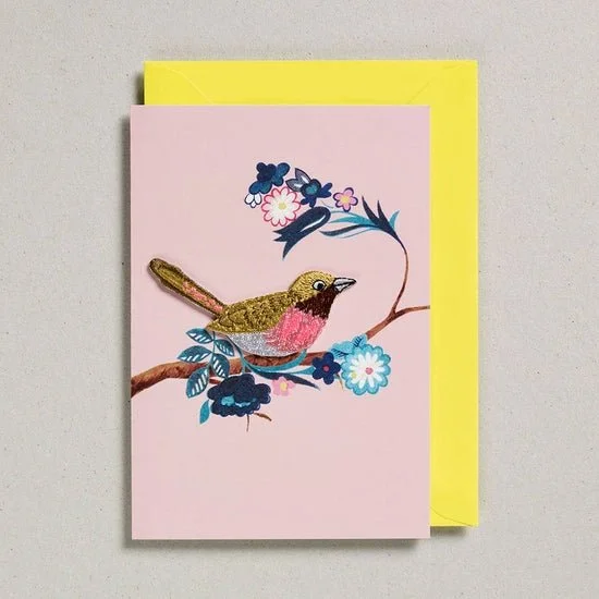Embroidered Bird Card - Pink and Blue