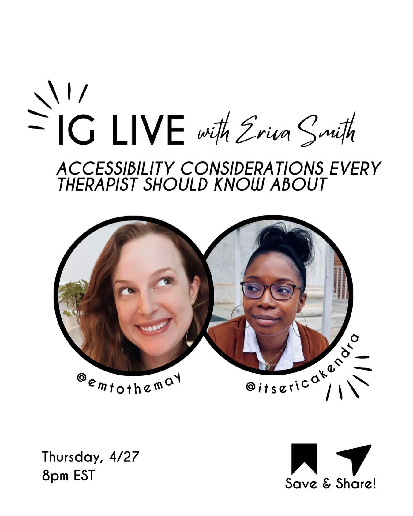 📣Mark your calendars! 📆

Join me live on Thursday, April 27th at 8pm EST! I&rsquo;m sitting down with @itsericakendra to talk about all thing accessibility! 

As a society we tend to have an extremely generalized idea of what it means to make your 