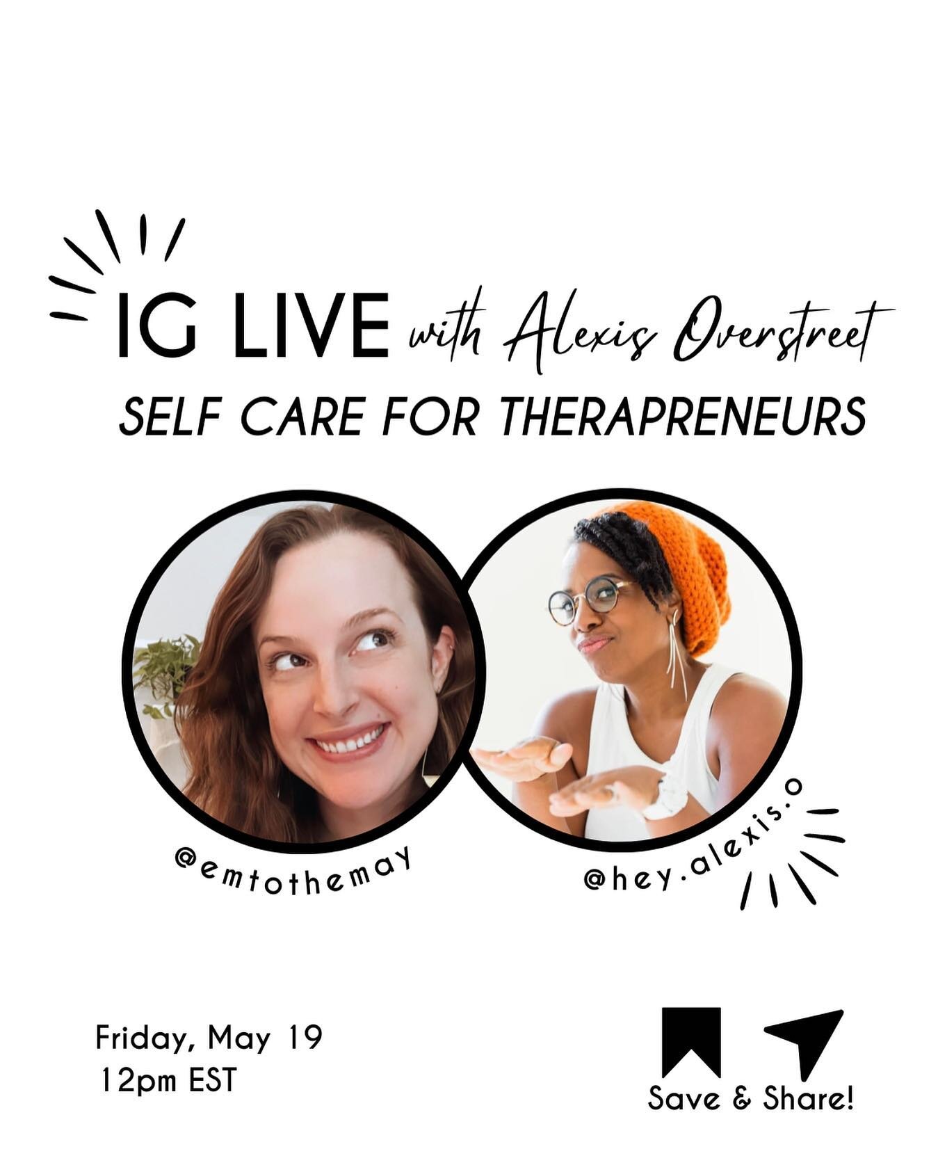 Self-care simply isn't a suggestion anymore. It's a requirement. 

Join me as I sit down with @hey.alexis.o on Friday, May 19th to talk about being a Therapreneur 2023. 

Alexis is a Therapist &amp; Self-Care Strategist for Therapists and has made it