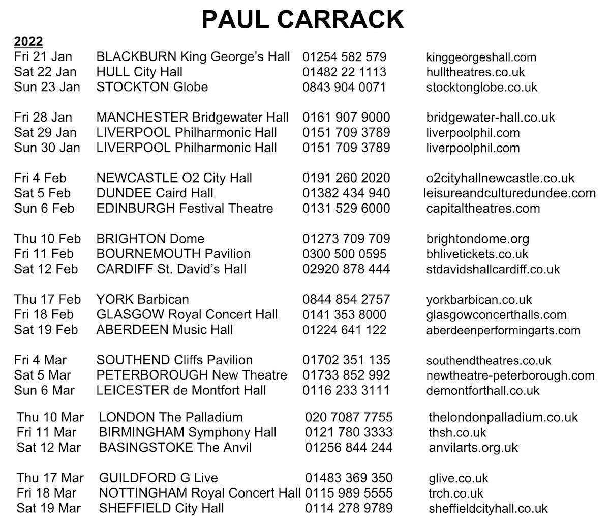paul carrack tour dates 2022 uk