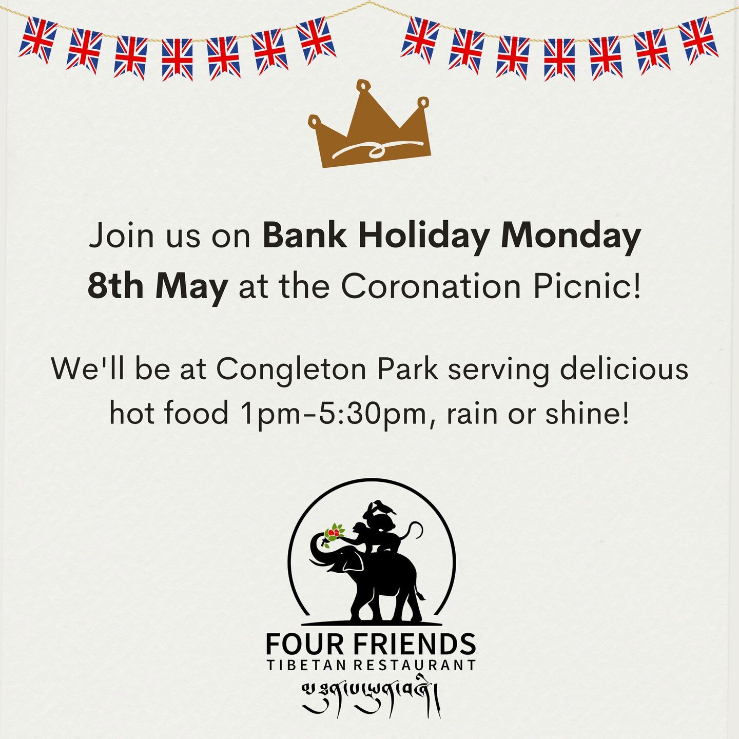 We hope you will join us on Bank Holiday Monday, 8th May at the Coronation Picnic in Congleton Park! 

We'll be serving delicious hot food from 1pm-5:30pm, rain or shine. 🌷👑 🇬🇧