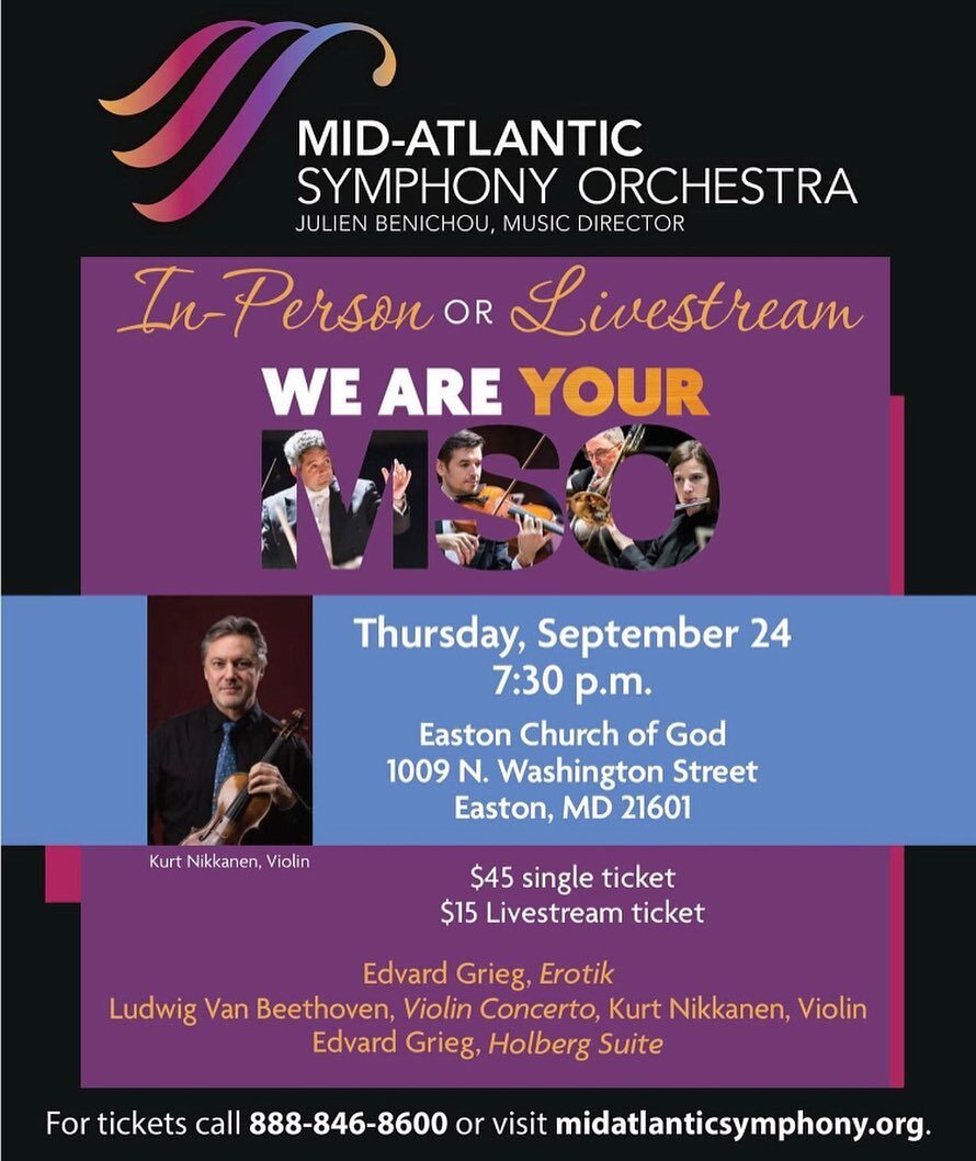 Tomorrow is the MSO's season-opening concert! Be sure to get your tickets at www.midatlanticsymphony.org. 

We look forward to seeing you there either in person or virtually!