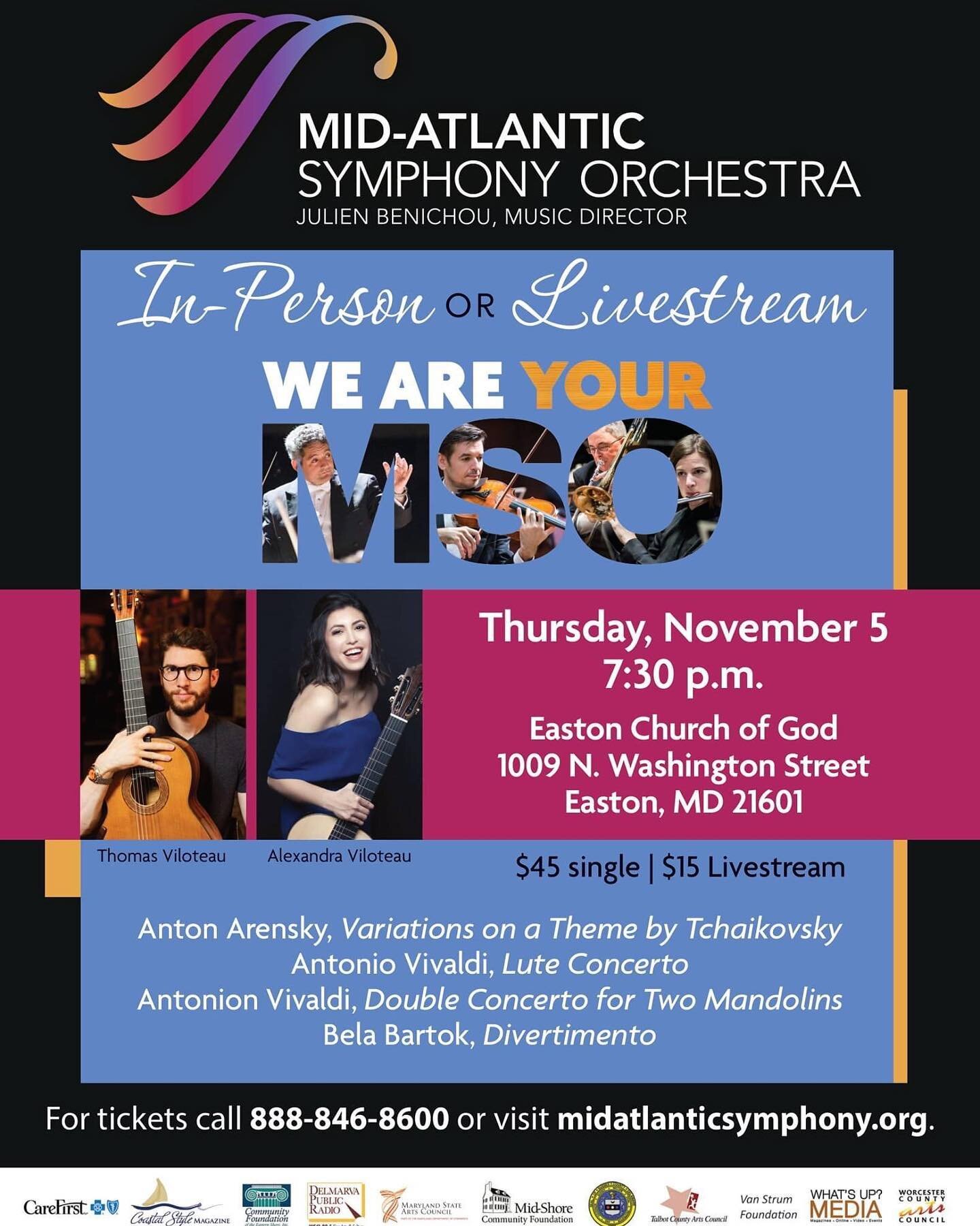 We are thankful to be performing in these trying times and are very much looking forward to our November concert when we are joined by Thomas and Alexandra Viloteau on guitar performing Vivaldi's Lute Concerto along with his Double Concerto for Two M