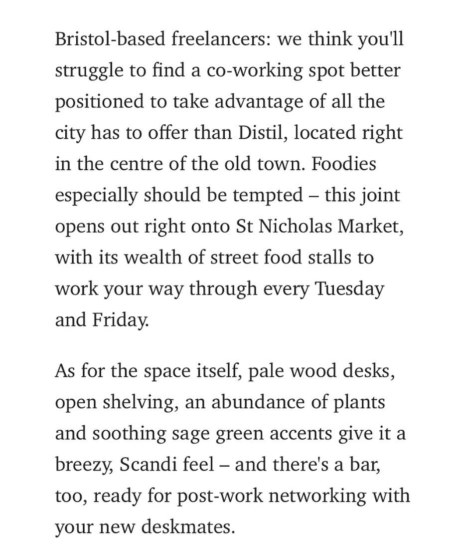 Thanks @charl3yward for the review in @elleuk listing Distil Co-working as 3rd in the best UK co-working spaces for out of office days 🙌