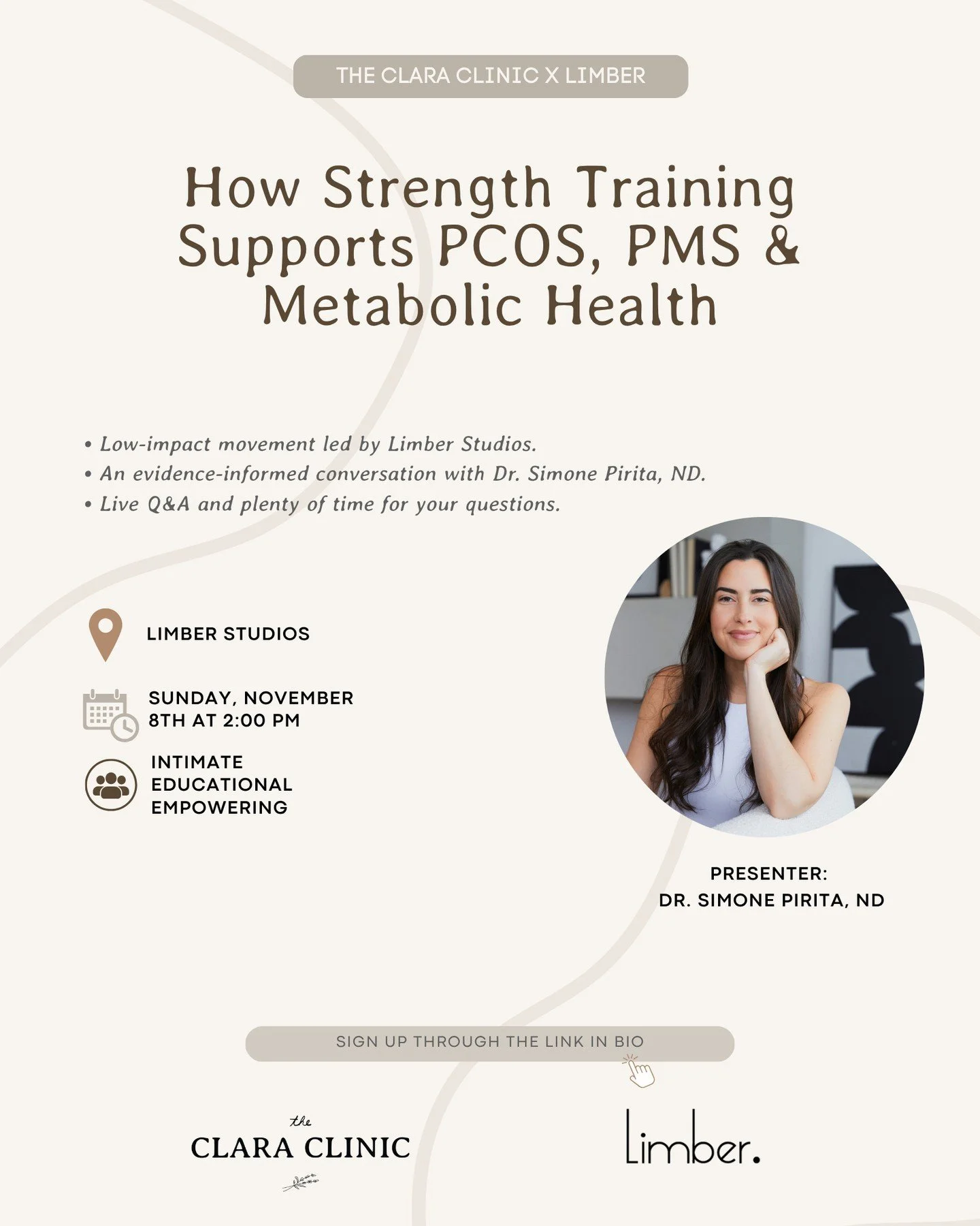 Movement meets hormone health 💪⁠
⁠
Join The Clara Clinic &times; Limber Studios for an evening of movement and practical women&rsquo;s health education exploring how strength training can support PCOS, PMS &amp; metabolic health.⁠
⁠
Dr. Simone Pirit