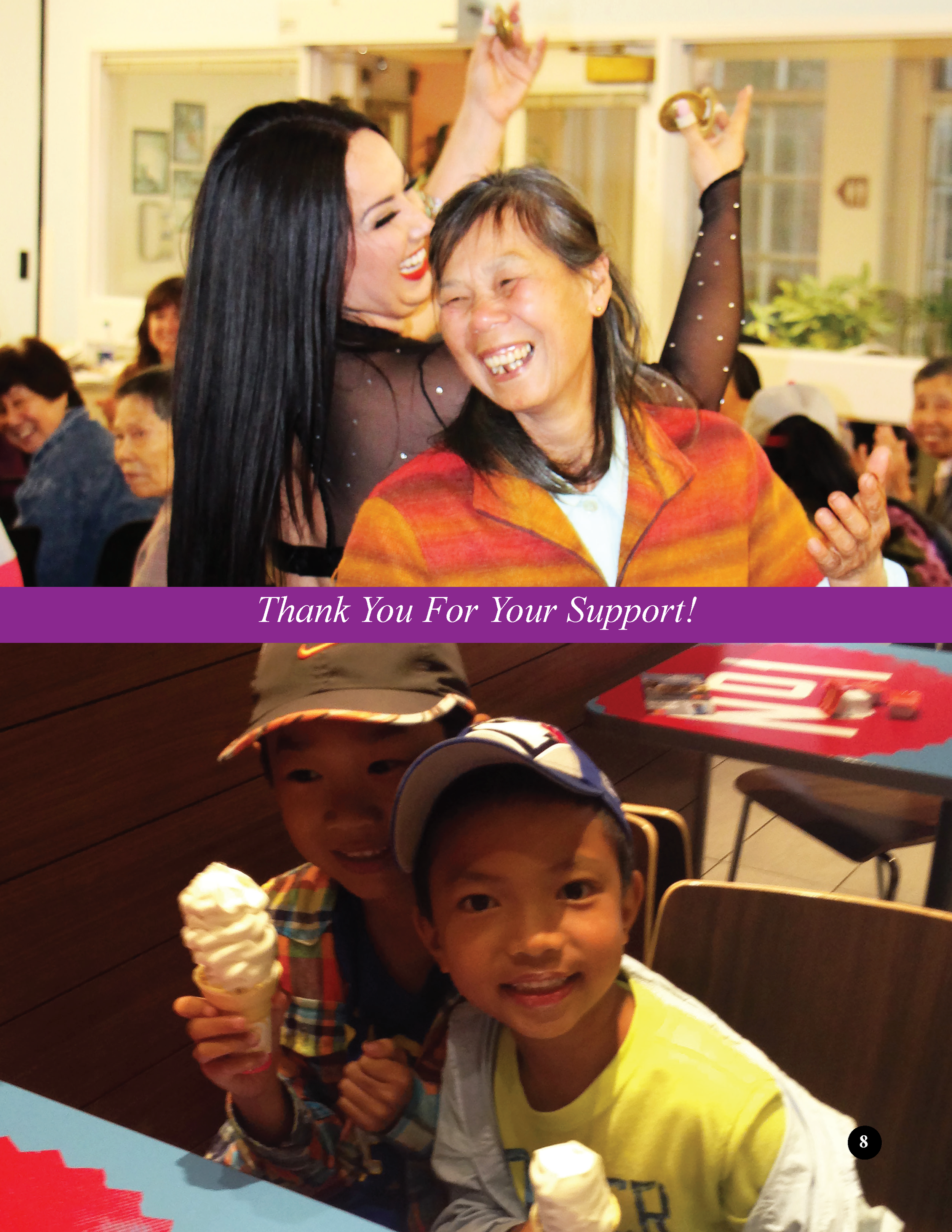 A woman and an elderly woman joyfully embrace and smile at a gathering, with children enjoying ice cream in the foreground. A purple banner across the image reads, 'Thank You For Your Support!'